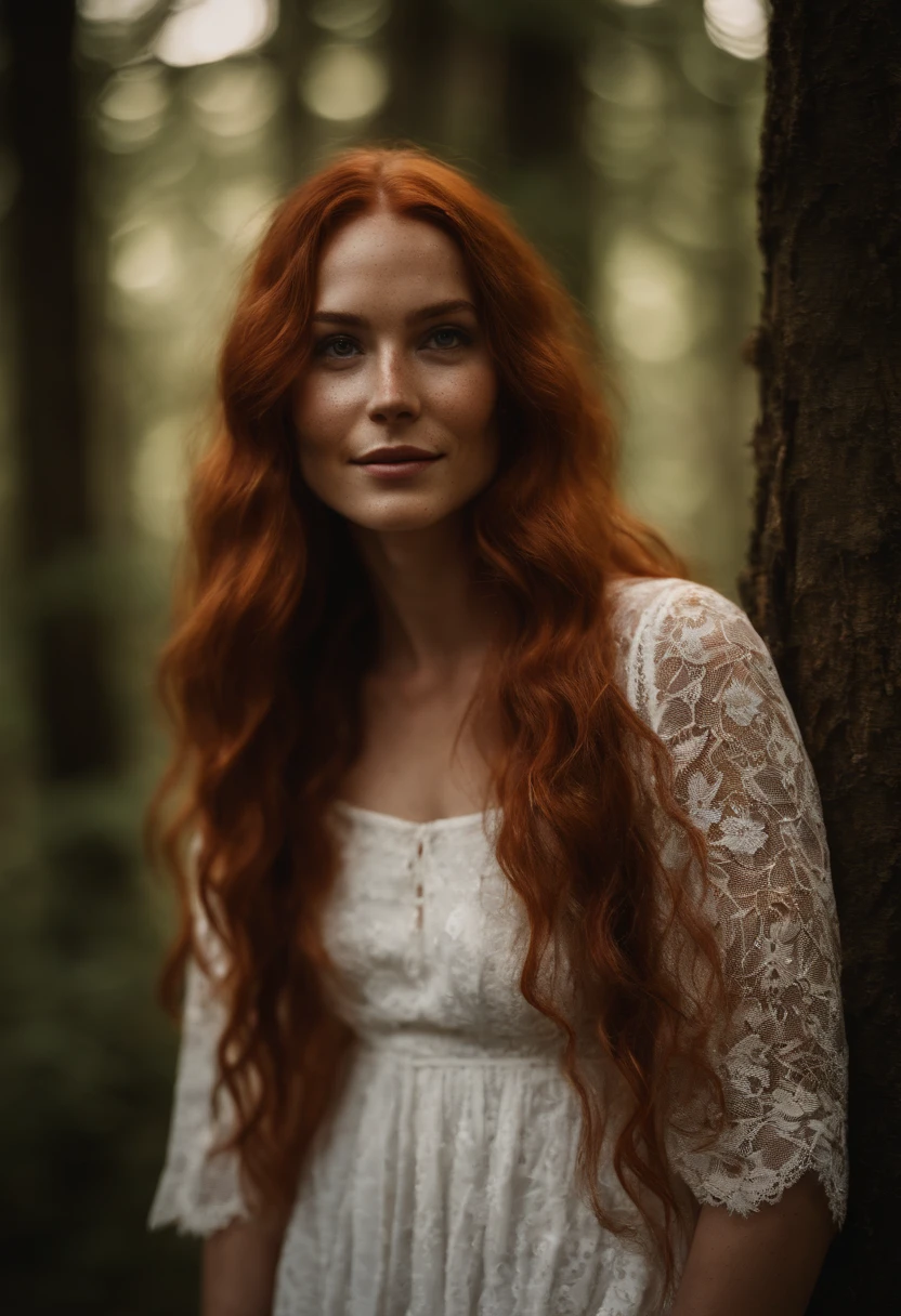 A sensual bohemian young woman smiling white teeth with long red hair loosened with freckles and pers eyes with tribal marks on her face a white lace dress in the forest