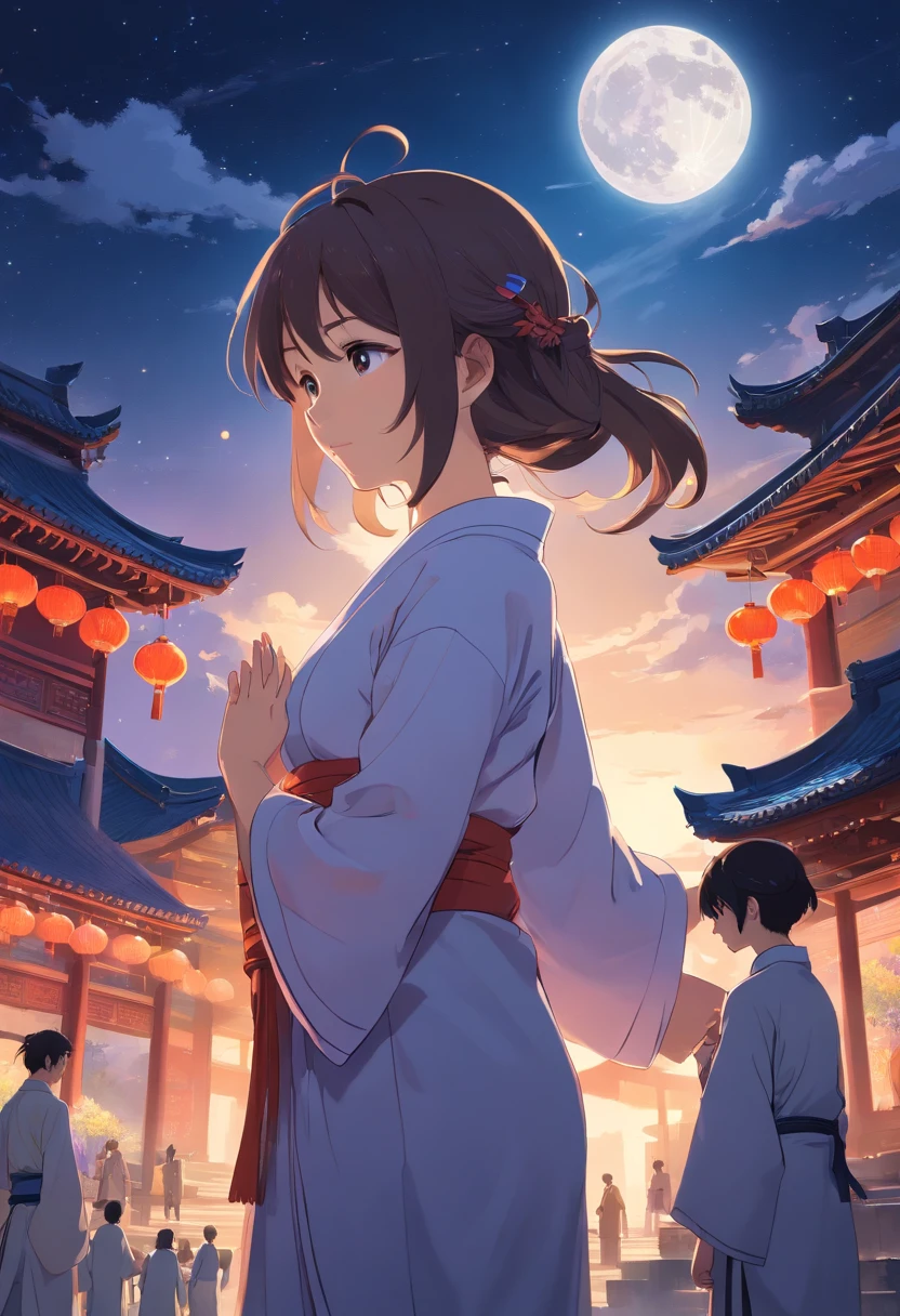 super high image quality，Full moon night，under the starry night sky，Beautiful oriental mature woman，Loose hair loosely，Wearing ancient Chinese white clothes with fairy air，Eyes filled with tears，Melancholy looking back，Holding a small rabbit in his arms，In ancient Chinese architecture