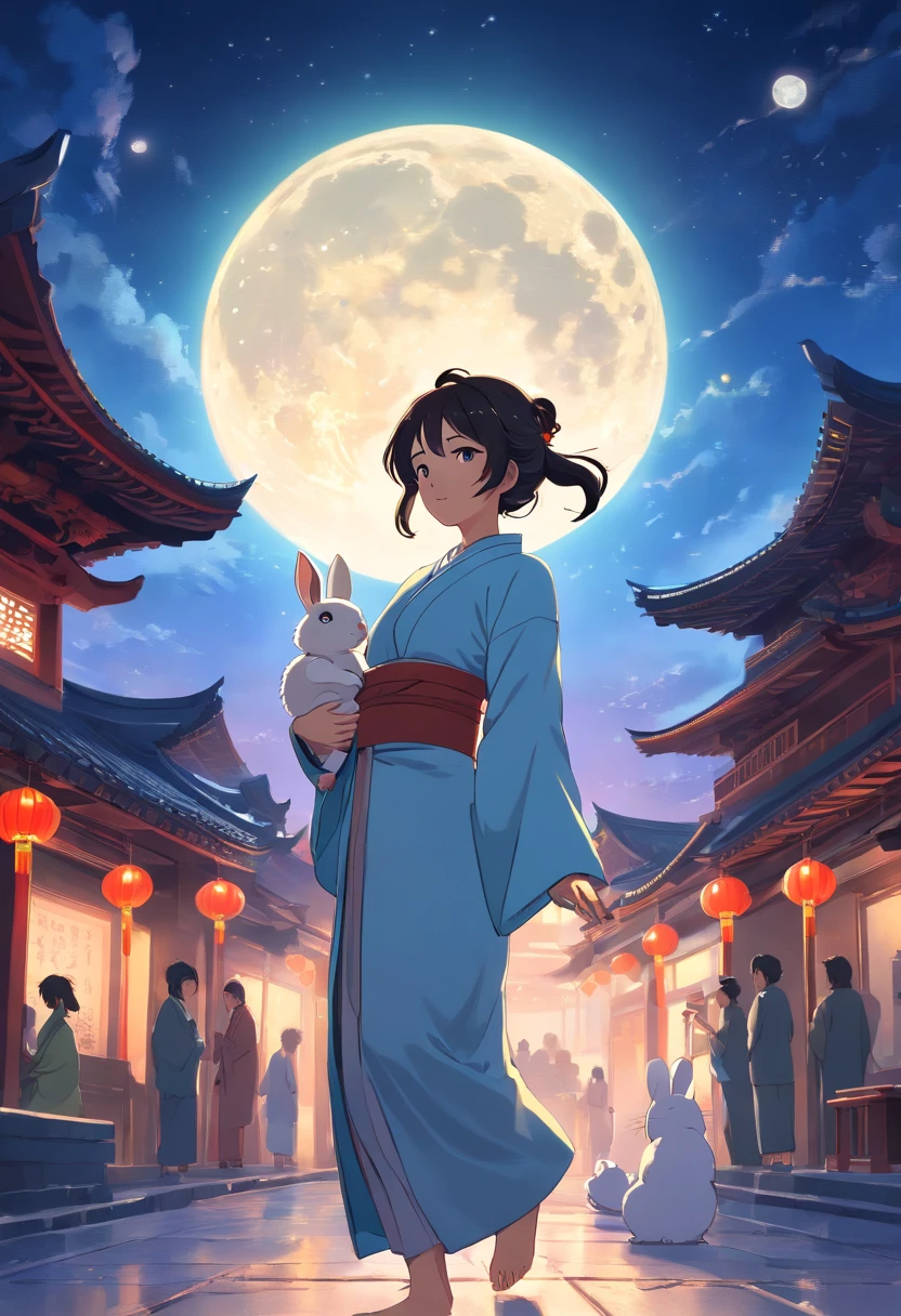 super high image quality,Full moon night,under the starry night sky,Beautiful oriental mature woman,Loose hair loosely,Wearing ancient Chinese white clothes with fairy air,Eyes filled with tears,Melancholy looking back,Holding a small rabbit in his arms,In ancient Chinese architecture