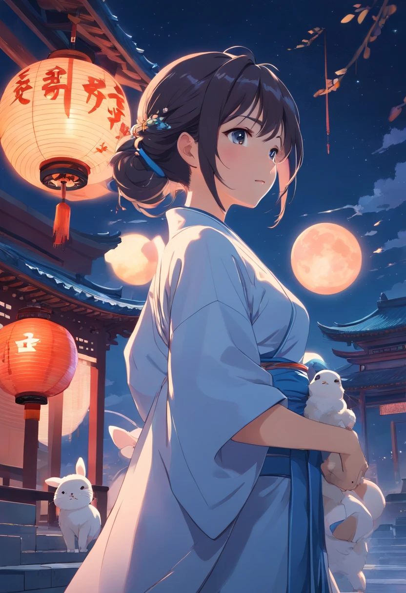 super high image quality,Full moon night,under the starry night sky,Beautiful oriental mature woman,Loose hair loosely,Wearing ancient Chinese white clothes with fairy air,Eyes filled with tears,Melancholy looking back,Holding a small rabbit in his arms,In ancient Chinese architecture