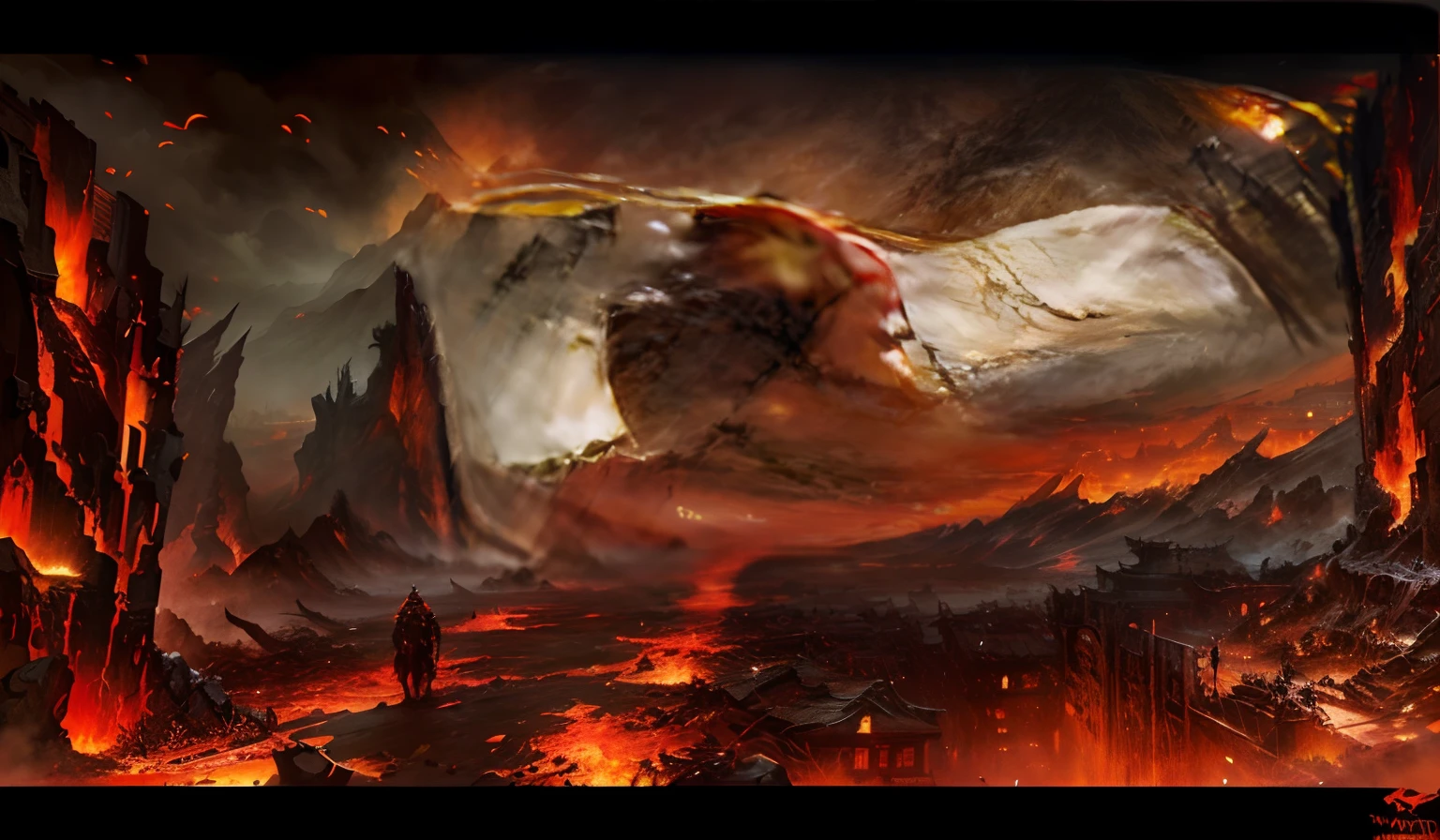 Original painting, seven or eight men and women standing in front of a mountain, ancient Chinese architecture, Chinese style, dilapidated buildings, dilapidated towns, apocalyptic art!!!!, apocalyptic landscape!!!!!, ! apocalyptic landscape!!, apocalypse art, apocalyptic eternal concept art, hell landscape, hell background, apocalypse landscape, dramatic concept art, last battle of hell, diablo digital concept art, apocalyptic landscape, apocalyptic hell theme