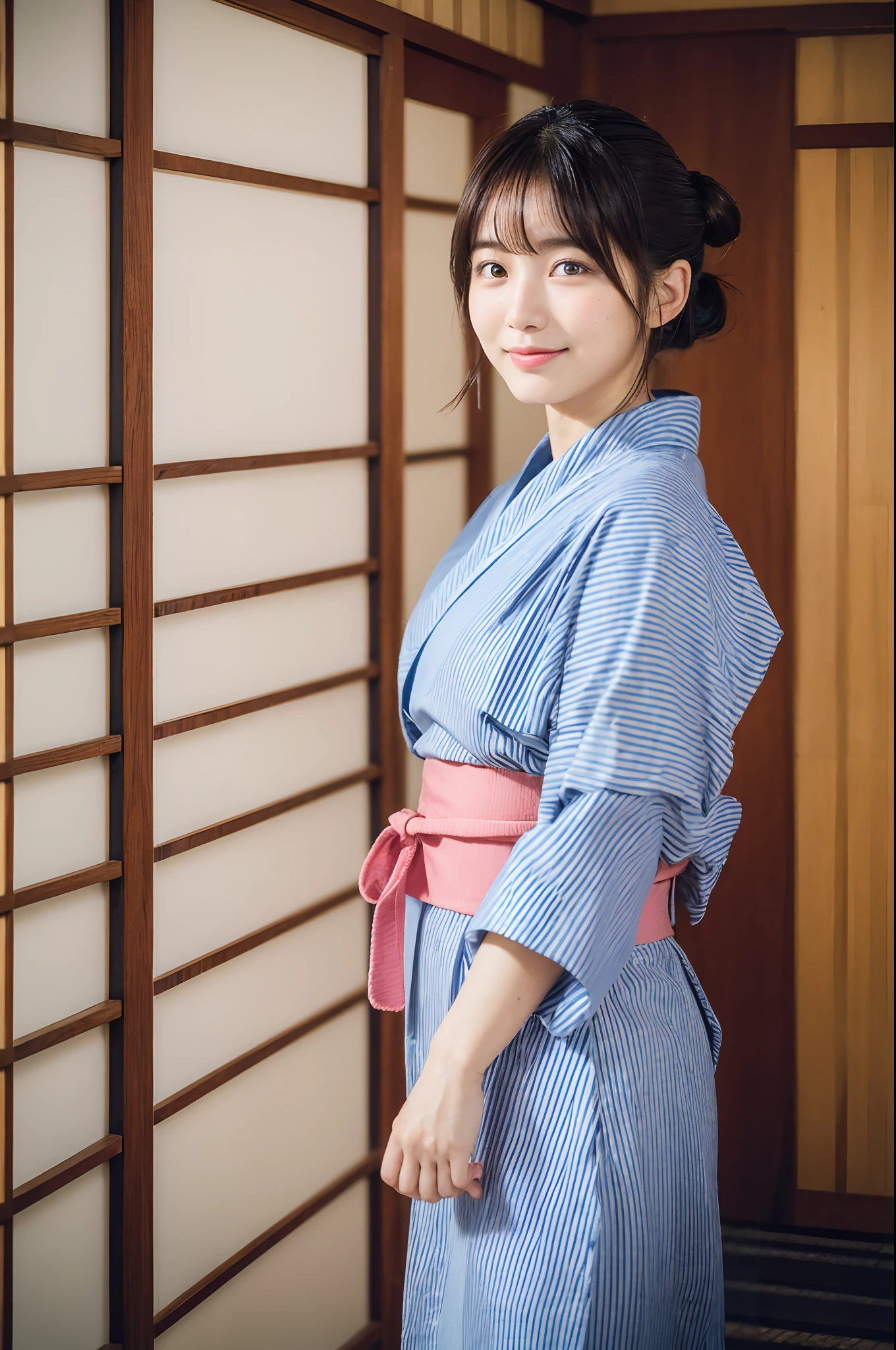(natta:1.7), East Asian Architecture, 1womanl,Sitting on tatami mats, brunette color hair，（hair between eye）, Lip flap, ,Beautiful fingers,Beautiful long legs,Beauty Body，Cute nose，Beautiful character design，perfect  eyes，face perfect，looking at viewert，（Innocent_Big_Eyes：1.0），（light_Smile：0.3），offcial art，Very detailed CG Unity 8K wallpaper，Perfect litthing，highly colorful，Bright_front_Face_Lighting，（tmasterpiece:1.0),(best_quality:1.0), 超A high resolution,4K,ultra - detailed, photography of, 8K, nffsw, hight resolution, absurderes:1.2, Kodak Portra 400, film grains, the background is blurred, Bokeh:1.2, Lens Flare Glow, ( Vibrant_Color:1.2) (Beautiful,Large_breasts:1.4), (Beautiful_Face:1.5),(narrow_waist-up),8K,Raw photo, 、Relax at a ryokan in Japan、The background is the open-air bath at night at a hot spring inn (Girls are not subjects:1.3) (Hair after a bath:1.3),(Hair is wet:1.3) ((Girls are not subjects:1.2))((Draw a wide night background:1.2),((Yukata with light blue stripes isolated on white background:1.3)),(Yukata does not need gloss at all:1.5)),((No need for a Korean yukata or Korean-style hairstyle.:1.5)),((Faithfully and realistically reproduce a pure Japan yukata:1.5))((Light Pink Band:1.3)),((The background is the entrance living room、At night, Overlooking the inn's large and beautiful gardens..:1.3)),((8th class))、((Light Pink Band:1.5)) ((Beautiful shiny straight short long:1.5)) sixteen years old、((Beautiful shiny straight short long:1.5))((Pink Band))、((The color of the band is pink:1.3),(Faithfully and realistically reproduce the obi of a yukata:1.3) ((Faithfully and realistically reproduce a pure Japan yukata:1.5)),((Walking through the corridors of the inn at night:1.3))a sense of depth、Night Ryokan