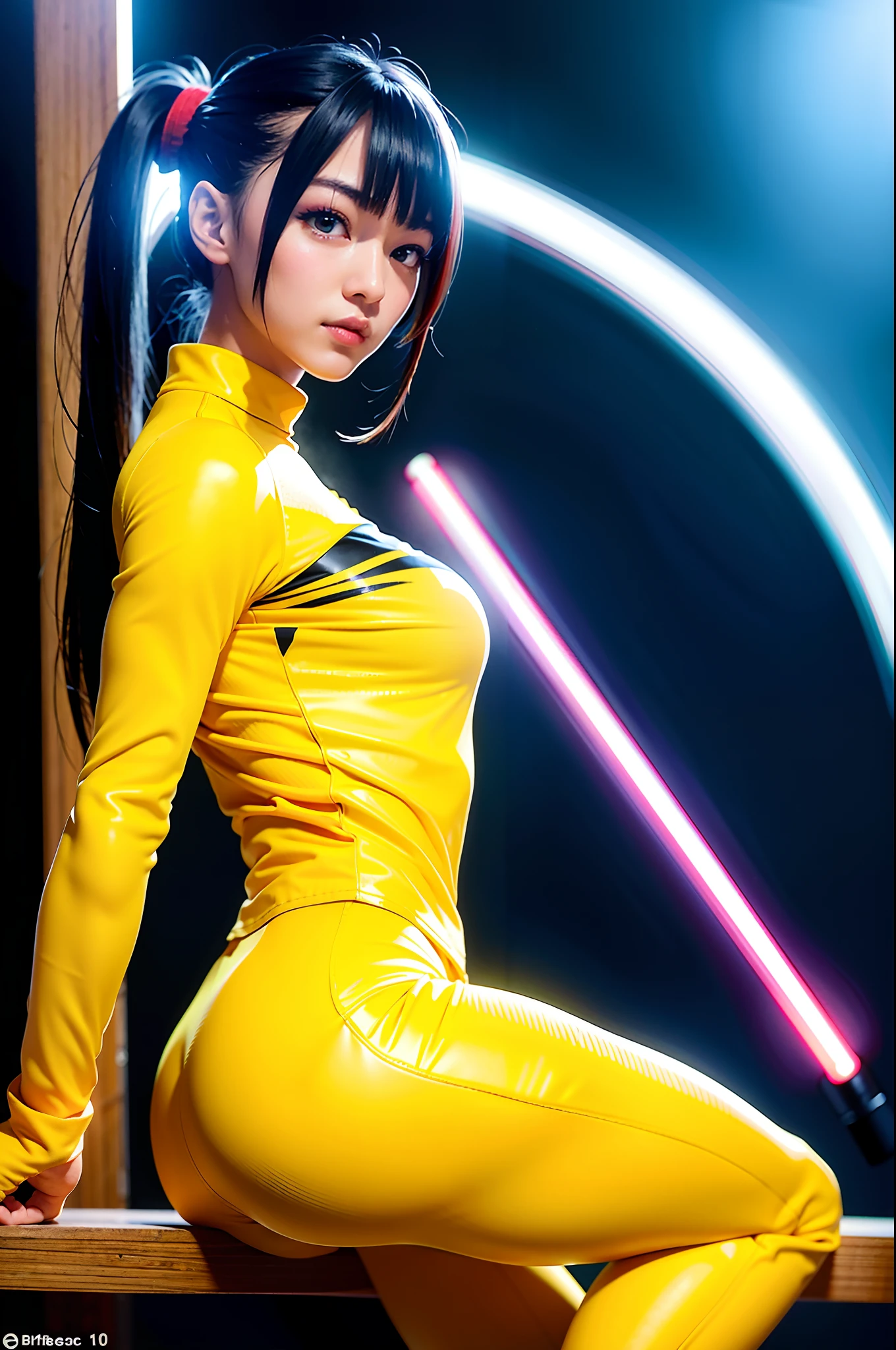 ((Gorgeous yellow Bruce Lee tracksuit)),((Gorgeous yellow Bruce Lee tracksuit)),((Gorgeous yellow Bruce Lee tracksuit)),((Gorgeous yellow Bruce Lee tracksuit)),((Bruce Lee cosplay tracksuit)),(((ssmile:1.0, laughingly:1.0 ))), 1girl, solo, makeup, highres, mediuml breasts:1.4, looking at viewert, ssmile, short black straight hair, 鎖骨,   Medium milk milk, long whitr hair, Wield nunchucks,lips parted, eBlue eyes, taihou\(azur lane\), twintails, Very long hair,Shawl hair，（shiny skins），the night，detailedbackground，Cyberpunk world，Holding nunchucks，modern urban，neonlight，sfw：1.8，