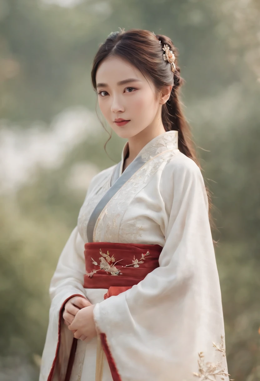 A girl, ancient Chinese costume, whole body, sunshine, clear face, clean white background, masterpiece, super detail, epic composition, ultra HD, high quality, extremely detailed, official art, uniform 8k wallpaper, super detail, 32k