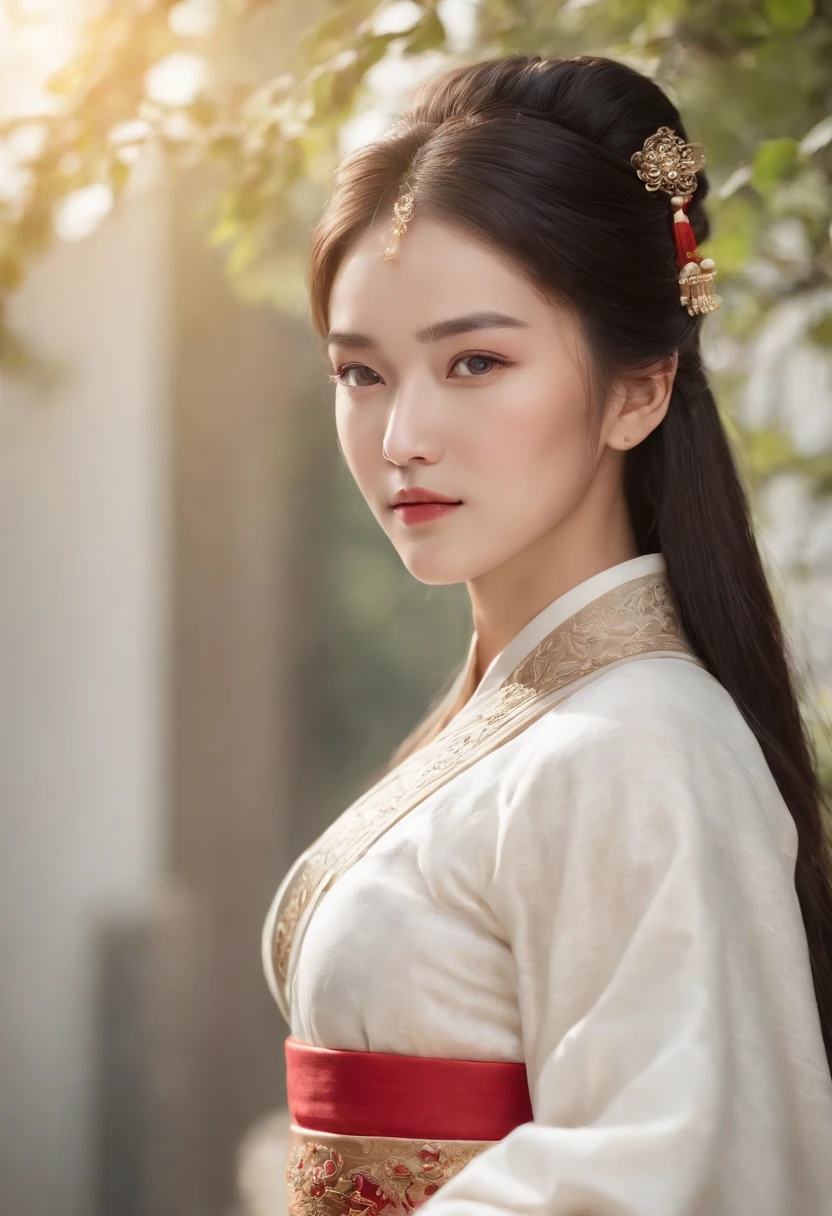 A girl, ancient Chinese costume, whole body, sunshine, clear face, clean white background, masterpiece, super detail, epic composition, ultra HD, high quality, extremely detailed, official art, uniform 8k wallpaper, super detail, 32k