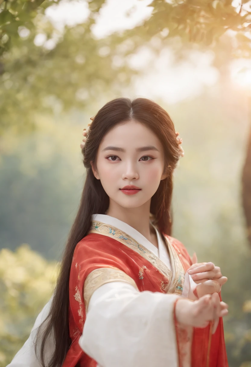 A girl, ancient Chinese costume, whole body, sunshine, clear face, clean white background, masterpiece, super detail, epic composition, ultra HD, high quality, extremely detailed, official art, uniform 8k wallpaper, super detail, 32k
