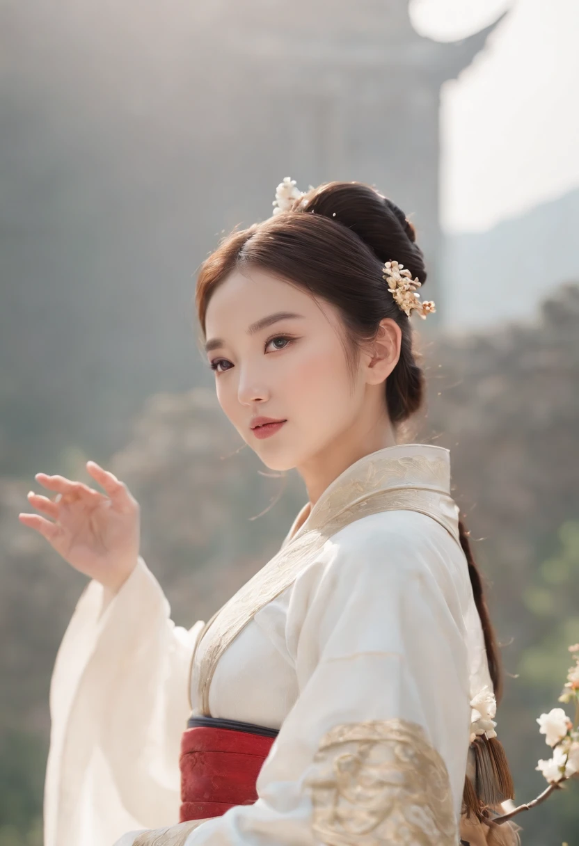A girl, ancient Chinese costume, whole body, sunshine, clear face, clean white background, masterpiece, super detail, epic composition, ultra HD, high quality, extremely detailed, official art, uniform 8k wallpaper, super detail, 32k