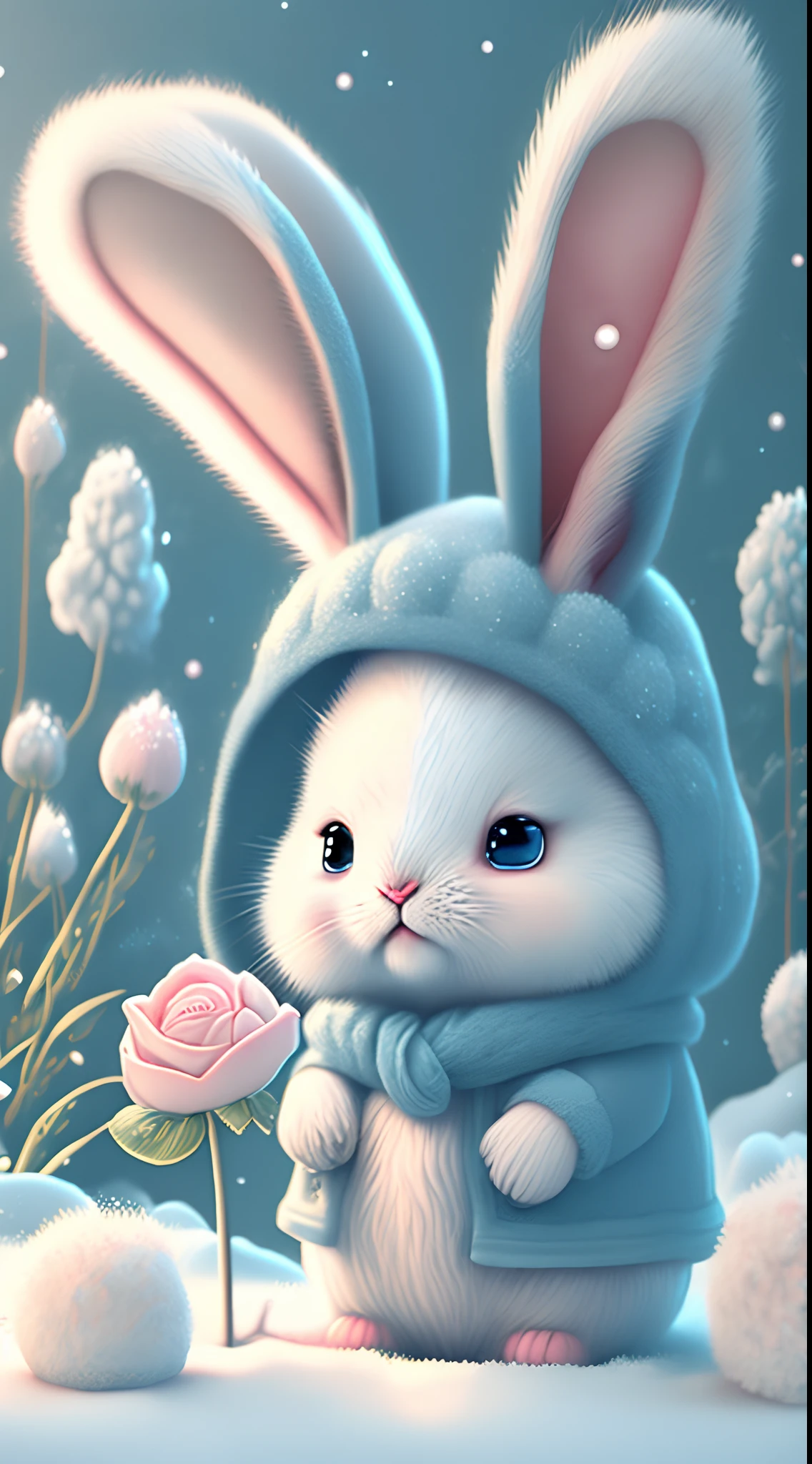In this ultra-detailed CG art，Cute rabbits surrounded by ethereal roses，Best quality at best，A high resolution，Complicated details，fanciful，cute animal