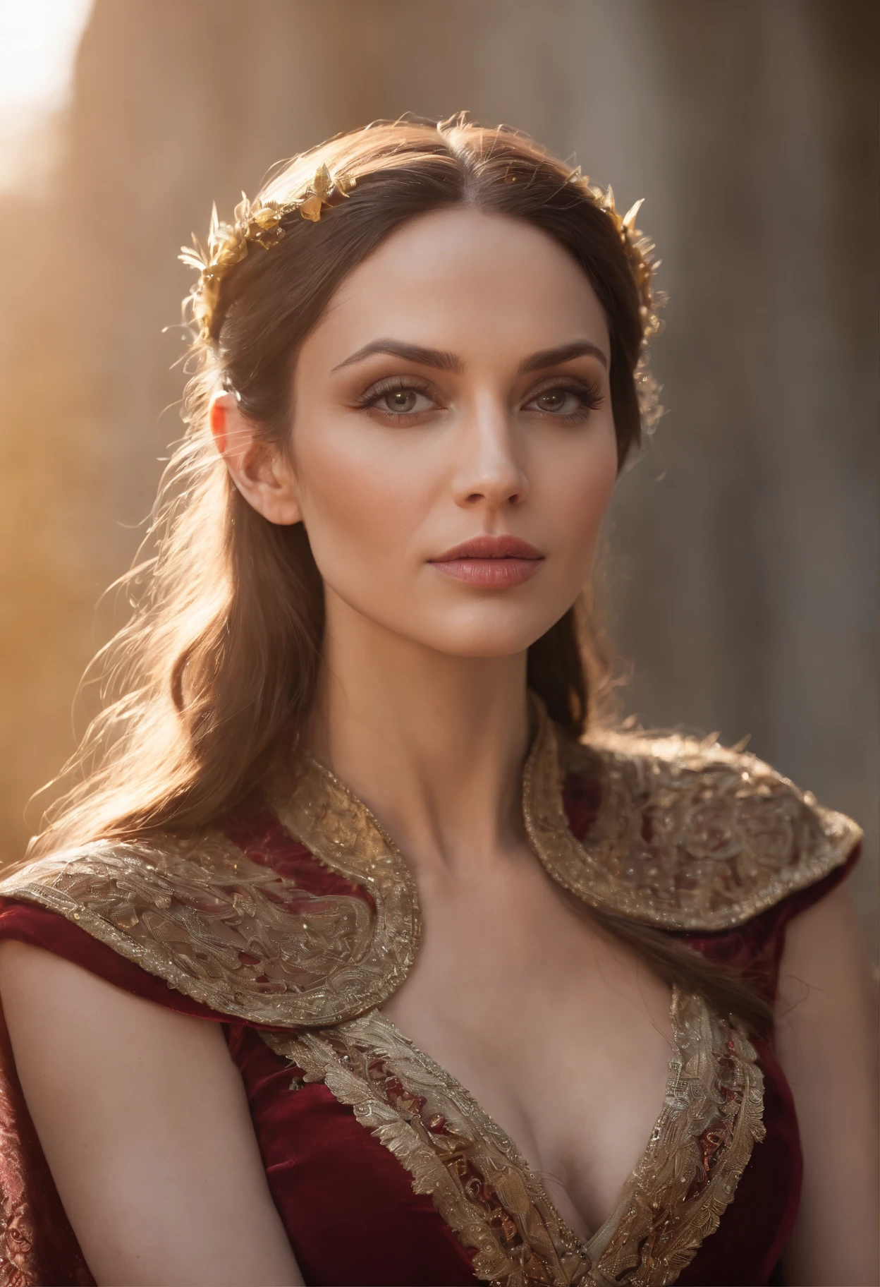 "(Outstanding, Professional) female elf courtisan with vibrant veils seated on an elaborate throne, resembling Angelina Jolie, captured during the golden hour."