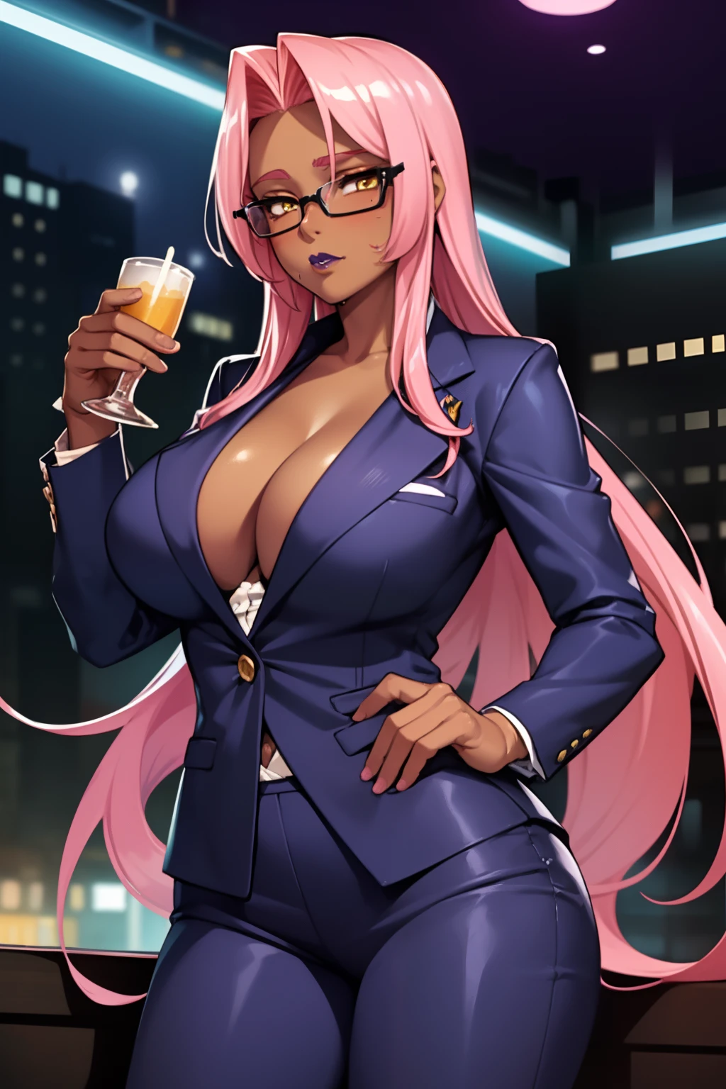 1girl,ingrid, dark-skinned female, very long hair, yellow eyes, purple lips, pink hair, forehead, hair intakes, mole under mouth, mole, large breasts,business suit, formal, jacket suit, skirt suit, cleavage,cowboy shot,glasses,night,nightclub,pub,indoor