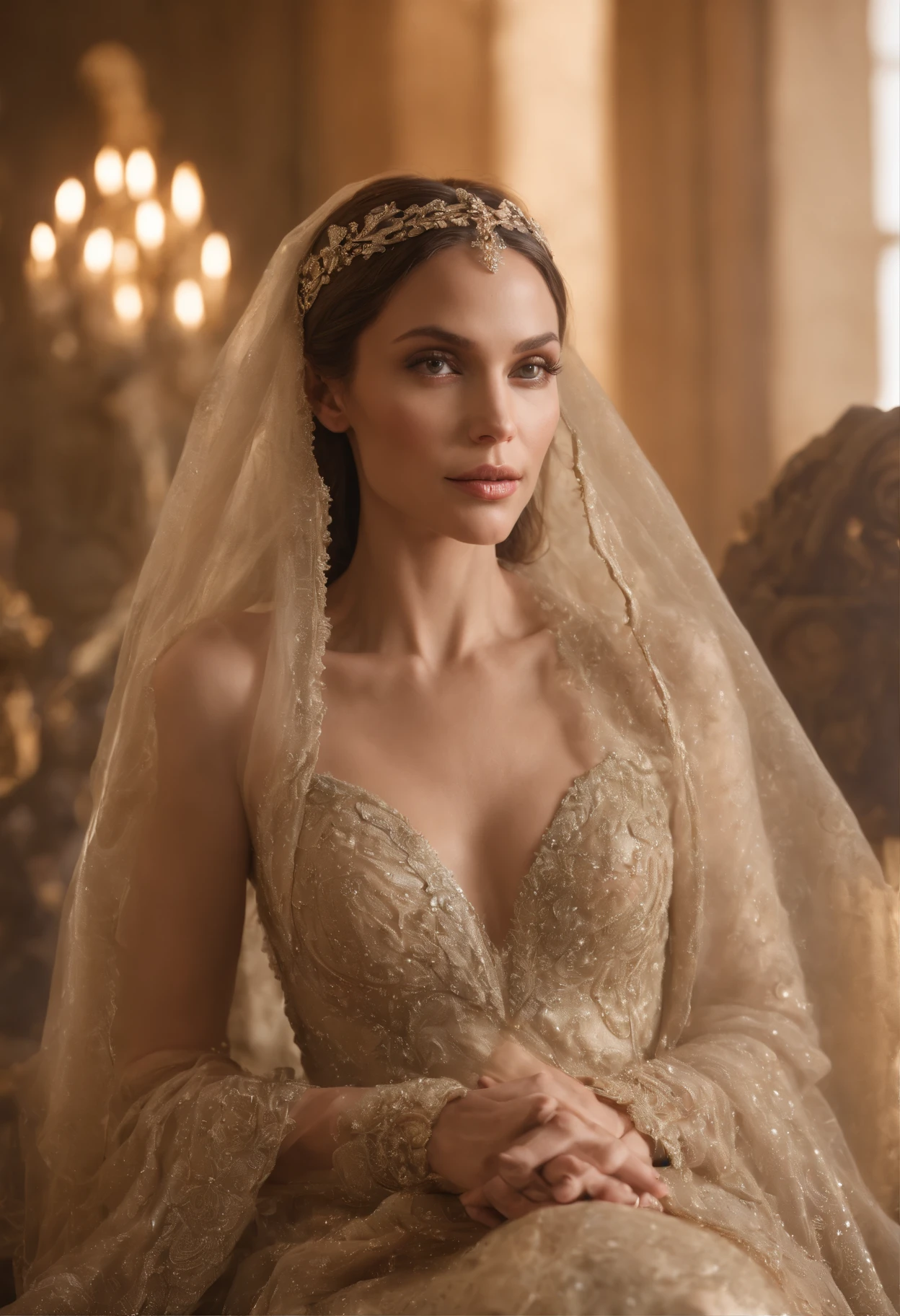 "(Outstanding, Professional) female elf courtisan with vibrant veils seated on an elaborate throne, resembling Angelina Jolie, captured during the golden hour."