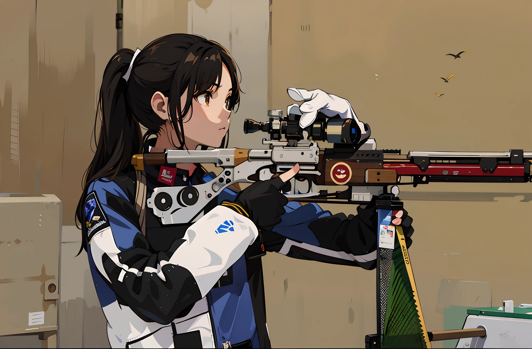 Young Asian woman，Asian Games women's rifle shooting competition，Aiming shooting competition，Aim for，k hd，Action details，Two-dimensional animation style，Makoto Shinkai anime style