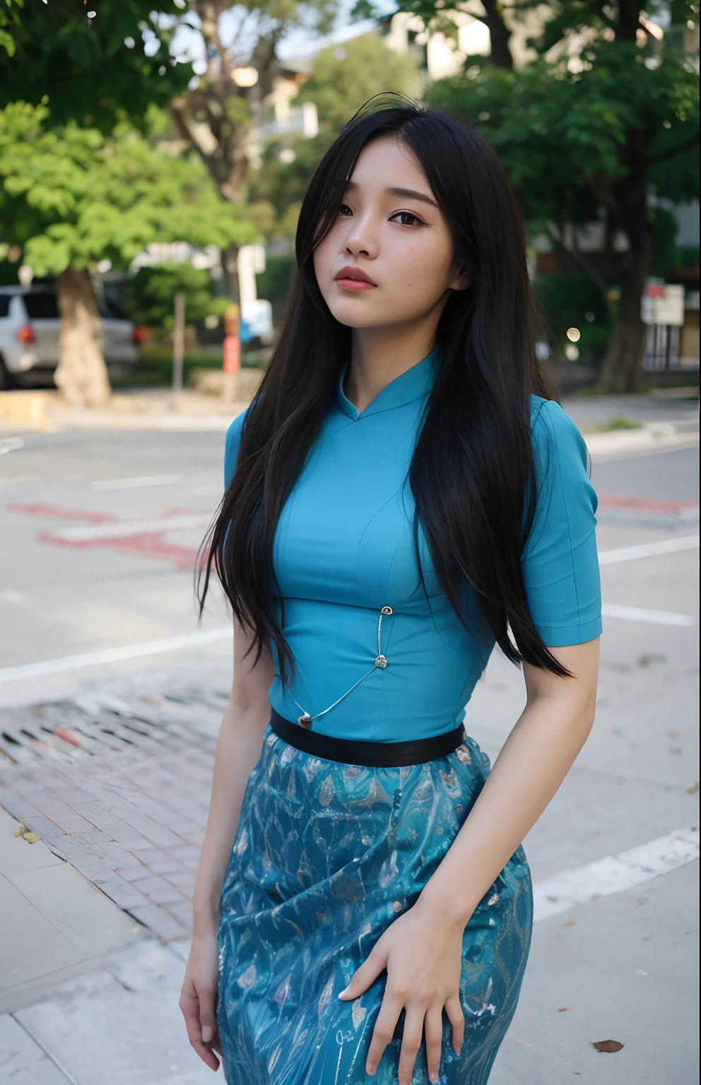 a close up of a woman in a blue dress standing on a sidewalk, in style of lam manh, nivanh chanthara, south east asian with long, dang my linh, very beautiful girl, asian girl, traditional art, traditional beauty, lovely woman, with lovely look, in a blue qipao, mai anh tran, with long hair