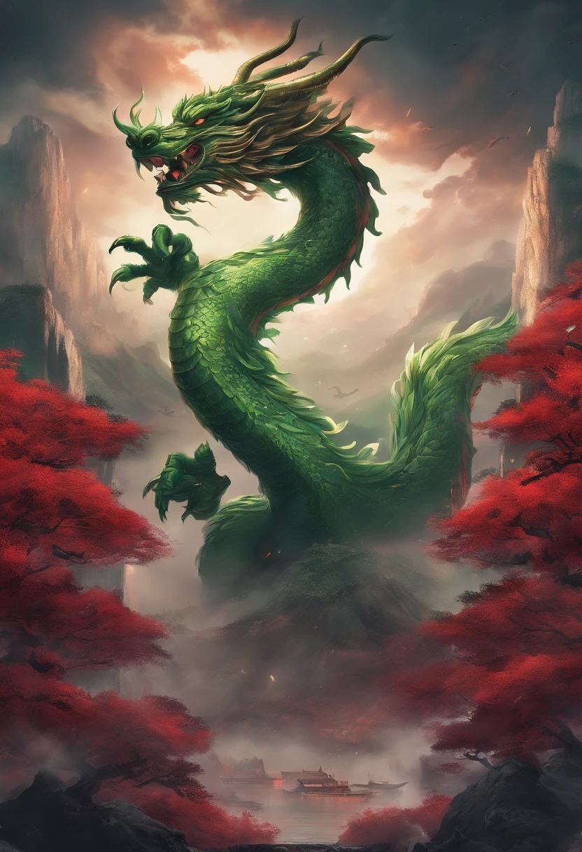 China-style，Chinese mythology，Chinese Green Dragon，tosen，Ferocious，gargantuan，The eyes glow red，Glow effects，surrounded by cloud，Thick clouds，buliding，中景 the scene is，Full body like， highly detailed surreal vfx，oc rendered，