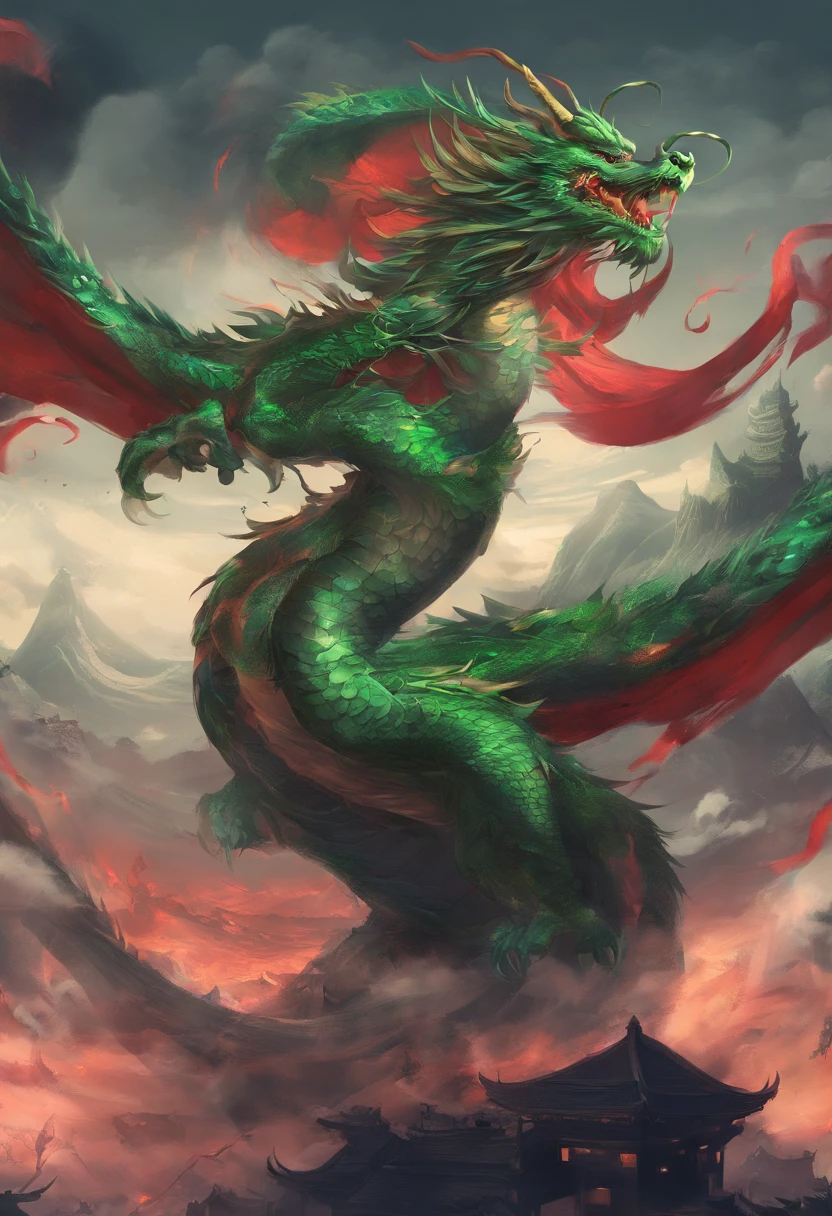 China-style,Chinese mythology,Chinese Green Dragon,tosen,Ferocious,gargantuan,The eyes glow red,Glow effects,surrounded by cloud,Thick clouds,buliding,中景 the scene is,Full body like, highly detailed surreal vfx,oc rendered,