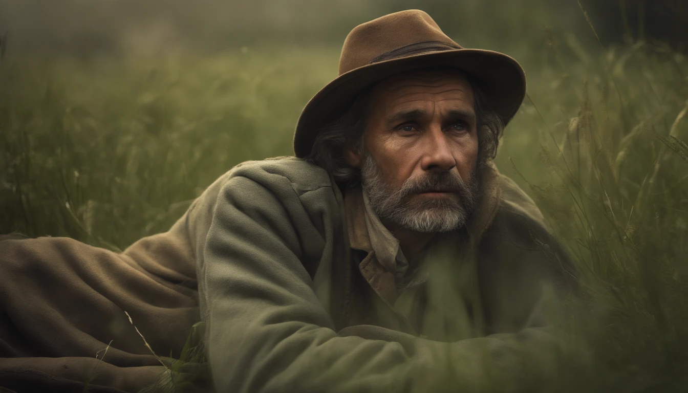 (best quality,4k,8k,highres,masterpiece:1.2),ultra-detailed,(realistic,photorealistic,photo-realistic:1.37),uncanny valley,homeless beggar,shabby attire,lush green grass,unchanging face,tattered clothes,lying in the grass,scattered belongings,double exposure,soft sunlight,emotive expression,misplaced hope,dreamy atmosphere,gritty texture,dimly lit background,striking contrast,sad eyes,rugged appearance,loneliness,damp earth scent,faded colors,desaturated tones,torn hat,calloused hands,sorrowful gaze,forlorn figure,distant cityscape,hopelessness,gentle breeze,persuasive narrative,visual storytelling,haunting silhouette,overgrown garden,aching vulnerability,reminiscent of an old painting,tragic beauty