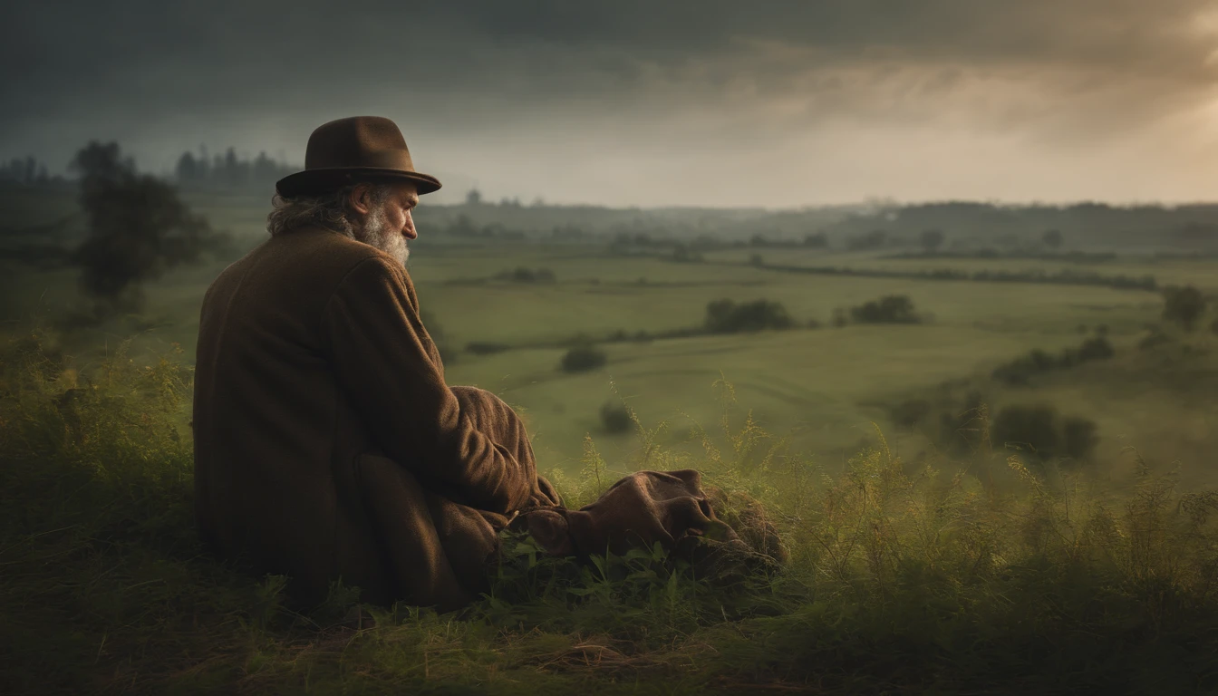 (best quality,4k,8k,highres,masterpiece:1.2),ultra-detailed,(realistic,photorealistic,photo-realistic:1.37),uncanny valley,homeless beggar,shabby attire,lush green grass,unchanging face,tattered clothes,lying in the grass,scattered belongings,double exposure,soft sunlight,emotive expression,misplaced hope,dreamy atmosphere,gritty texture,dimly lit background,striking contrast,sad eyes,rugged appearance,loneliness,damp earth scent,faded colors,desaturated tones,torn hat,calloused hands,sorrowful gaze,forlorn figure,distant cityscape,hopelessness,gentle breeze,persuasive narrative,visual storytelling,haunting silhouette,overgrown garden,aching vulnerability,reminiscent of an old painting,tragic beauty