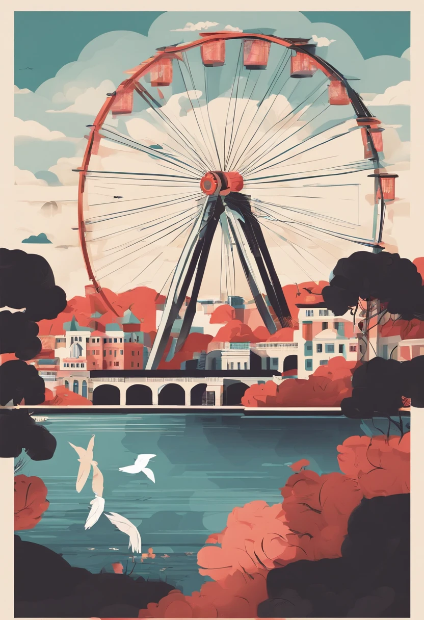 Alafid view of the Ferris wheel on the water bridge, ( Ferris wheel ), Ferris wheel, circle, A massive, Large)}], A beautiful, author：Chass is silent, the photo shows a large, circular towers, Surreal!!!, !!!!!!!!!!!!, loopy, inner ring, a new, an beautiful, F2.2