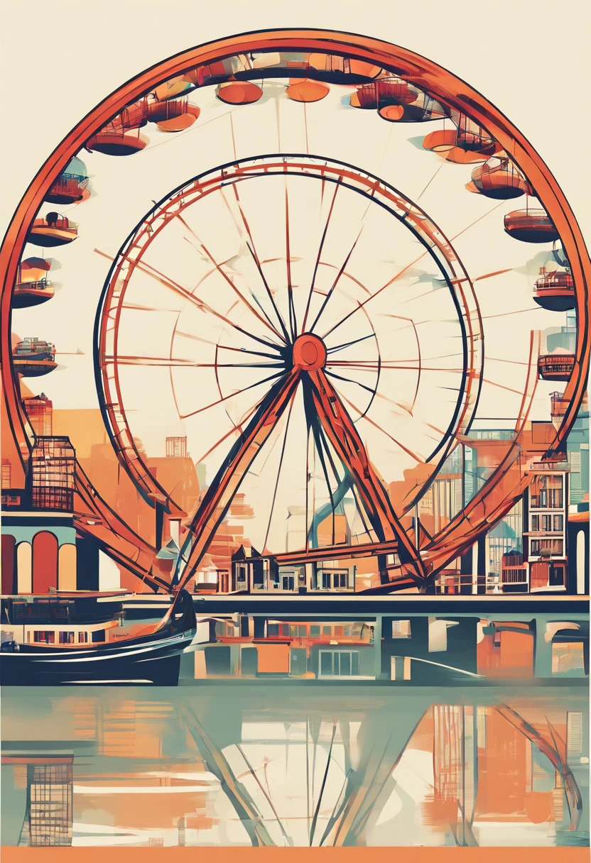 Alafid view of the Ferris wheel on the water bridge, ( Ferris wheel ), Ferris wheel, circle, A massive, Large)}], A beautiful, author：Chass is silent, the photo shows a large, circular towers, Surreal!!!, !!!!!!!!!!!!, loopy, inner ring, a new, an beautiful, F2.2