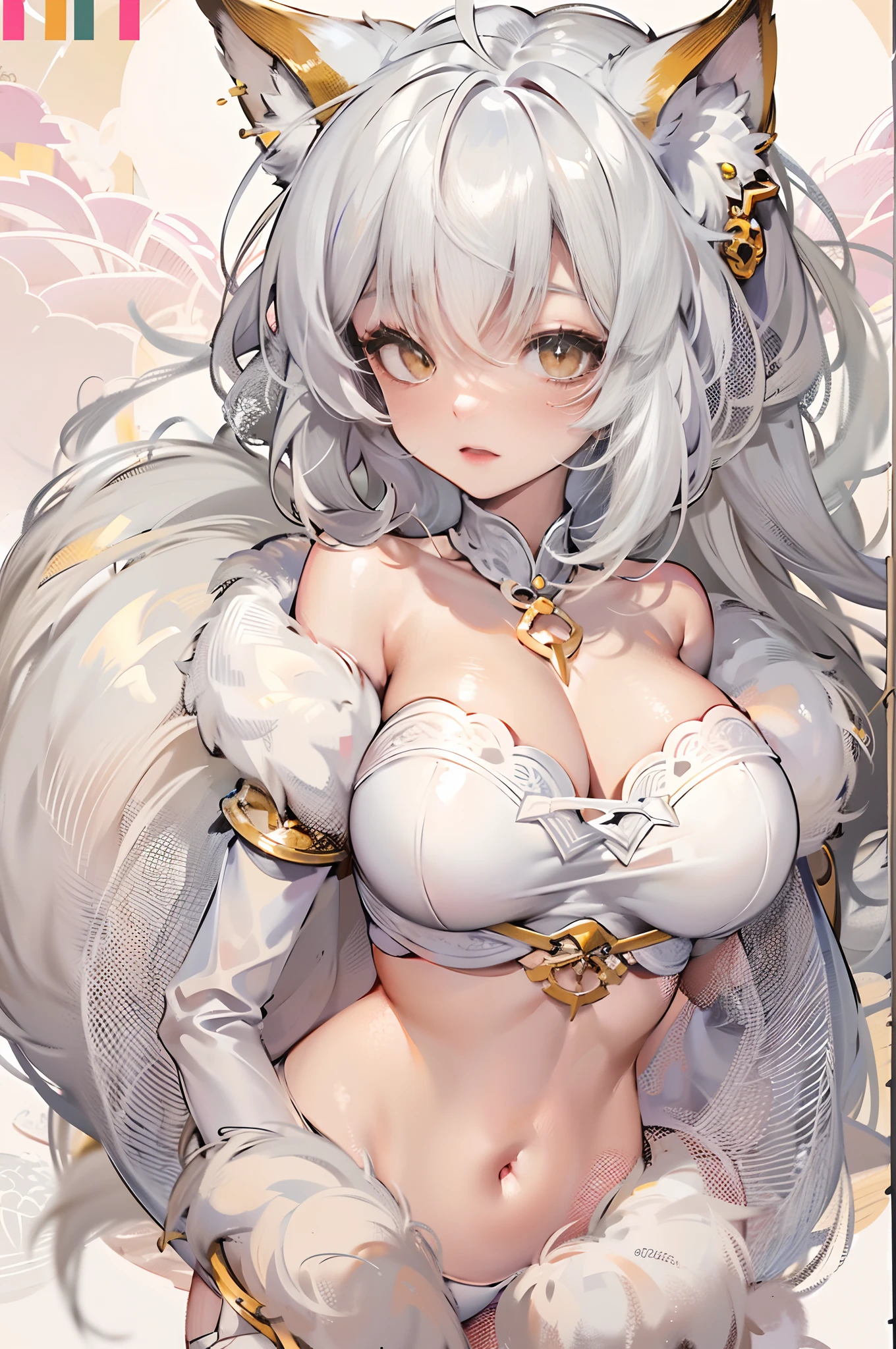 a beauty girl,Mature face,a matural female,Fluffy tail hair,Ultra-loose underwear,clothes slipping off,Anterior convex and posterior,Straight chest,Ruddy complexion,Huge fox tail,nabel,(huge tit),adventurer,tit,areola of breast,pantiess,Stockings,Human Services Group,Parchment rolls,White hair,Data panel
