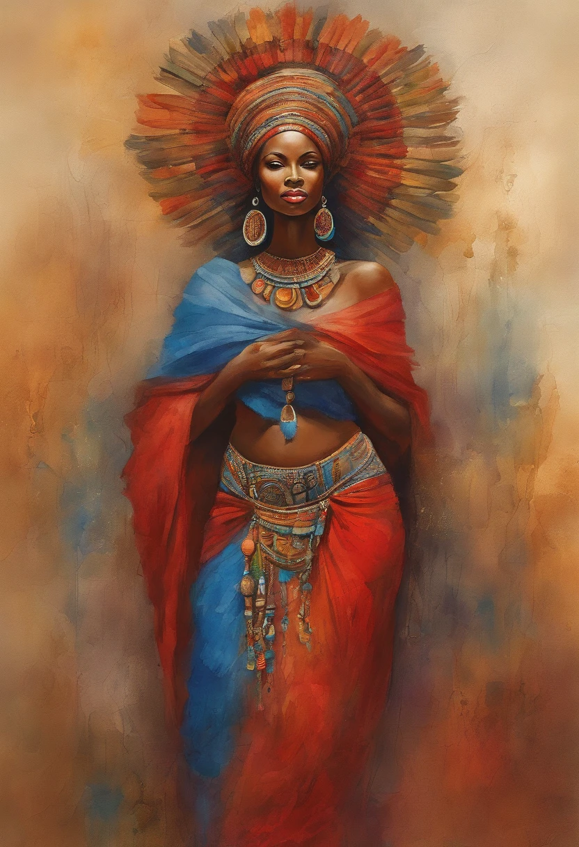 Topless Yansa (female African goddess), stunning face, red and blue clothes, storming and soft wind effects, Paul Klee style, surreal masterpiece, octane rendering, focus, colorful background, detailed, intricate details,rich colors