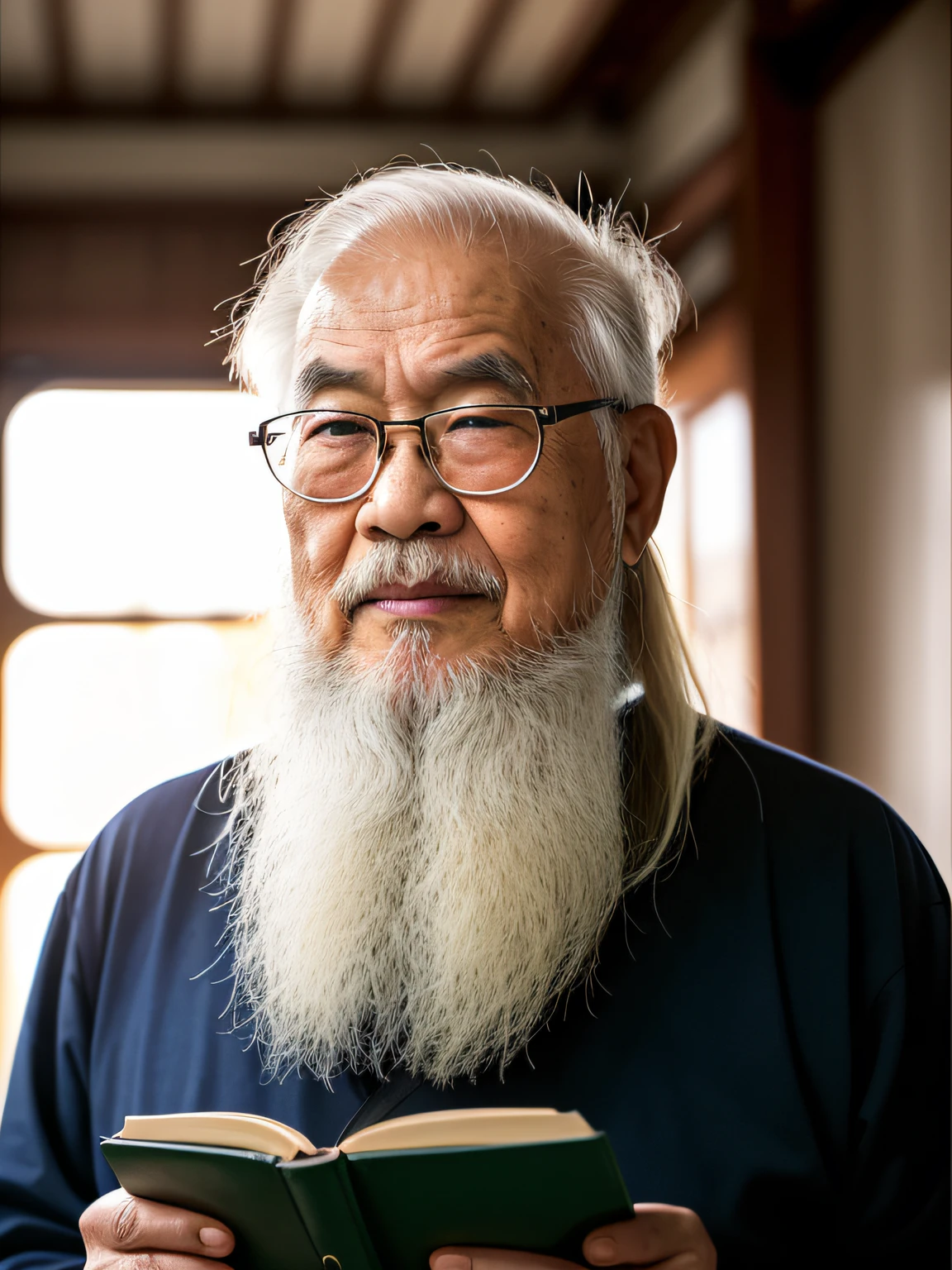 Hyper-Resolution, Ultra photo realsisim, cinema shot, An 80-year-old Asian father,Look at the viewer,Elderly father,Books in hand,Spiritual old man,Single image, Short white hair,White Viking beard, Wide shoulders, High focal length, Bust photo,Faraway view,Digital SLR, Dark Studio, rim lit, twotonelighting, Dimly lit, low tune, Backlight,