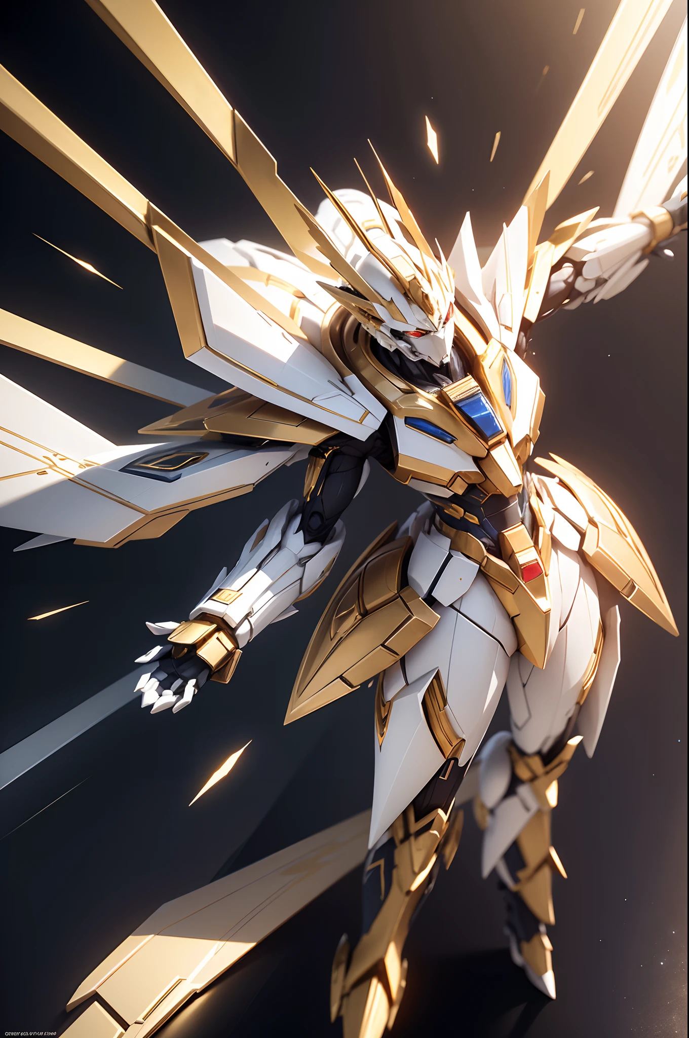 The image shows a white and gold gundam, in the style of intersecting planeshighly realistic, grandeur of scale, playfully intricate, glassy translucence, gracefulposes, super details, Maxon Cinema 4D, high detail, 32k