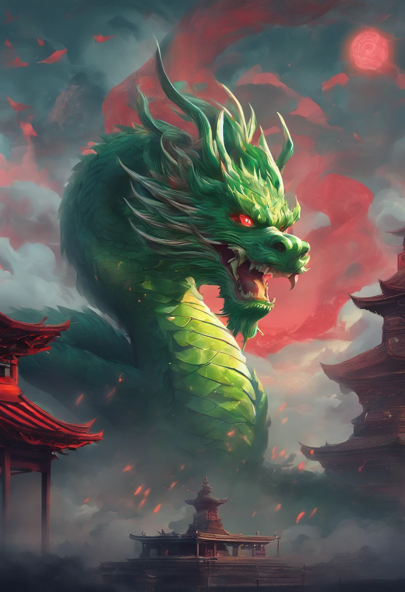 China-style，Chinese mythology，Green Dragon，Long dragon whiskers，tosen，Ferocious，gargantuan，The eyes glow red，Glow effects，surrounded by cloud，中景 the scene is，Full body like， highly detailed surreal vfx，oc rendered， - AR 16:9 --q 2 --s 1000