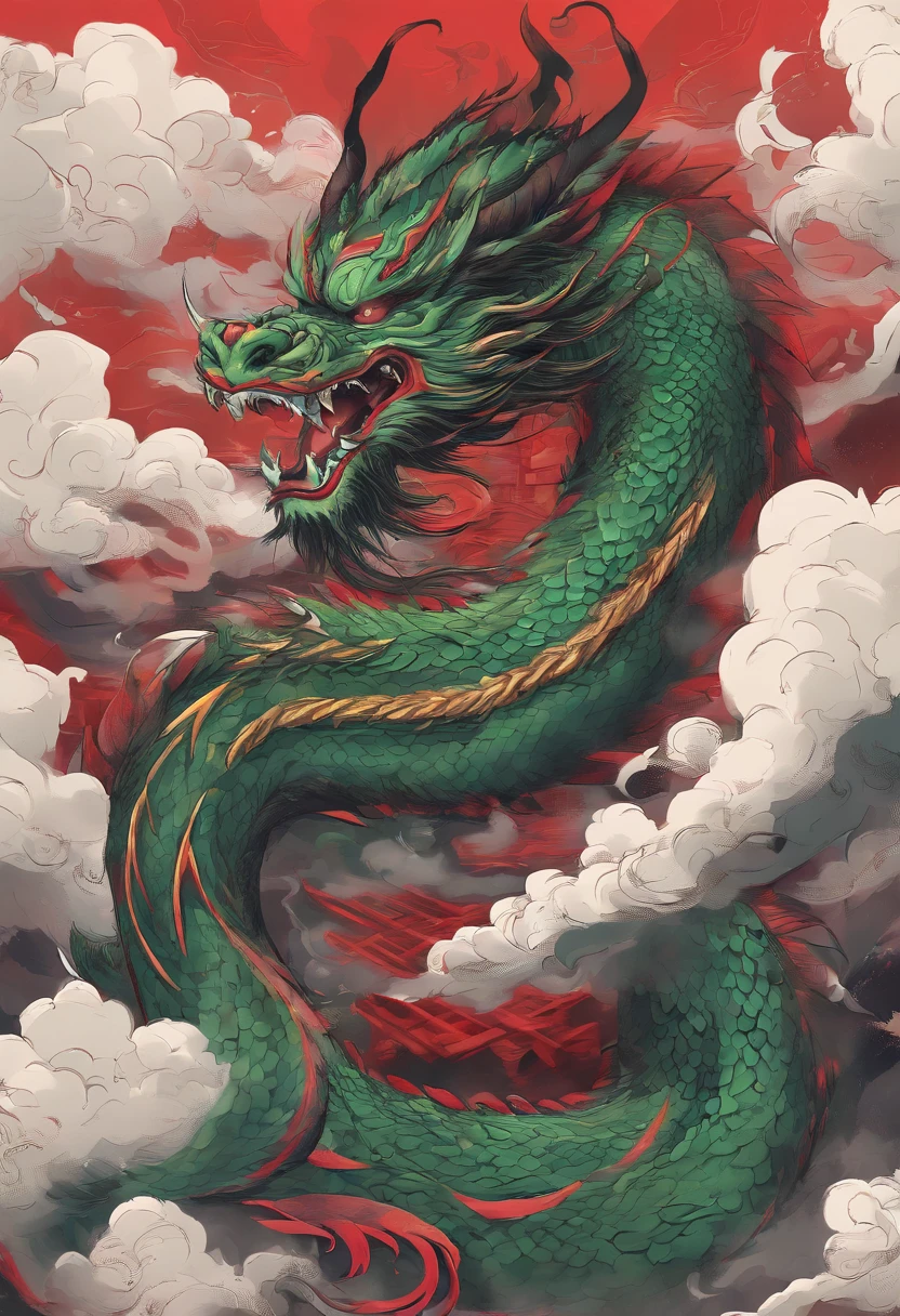 China-style,Chinese mythology,Chinese Green Dragon,tosen,Ferocious,gargantuan,The eyes glow red,Glow effects,surrounded by cloud,Thick clouds,buliding,中景 the scene is,Full body like, highly detailed surreal vfx,oc rendered,