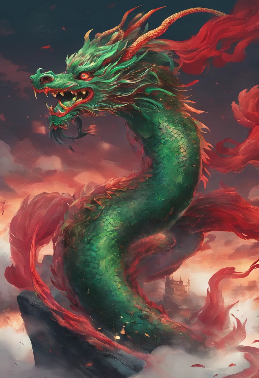China-style，Chinese mythology，Chinese Green Dragon，tosen，Ferocious，gargantuan，The eyes glow red，Glow effects，surrounded by cloud，Thick clouds，buliding，中景 the scene is，Full body like， highly detailed surreal vfx，oc rendered，