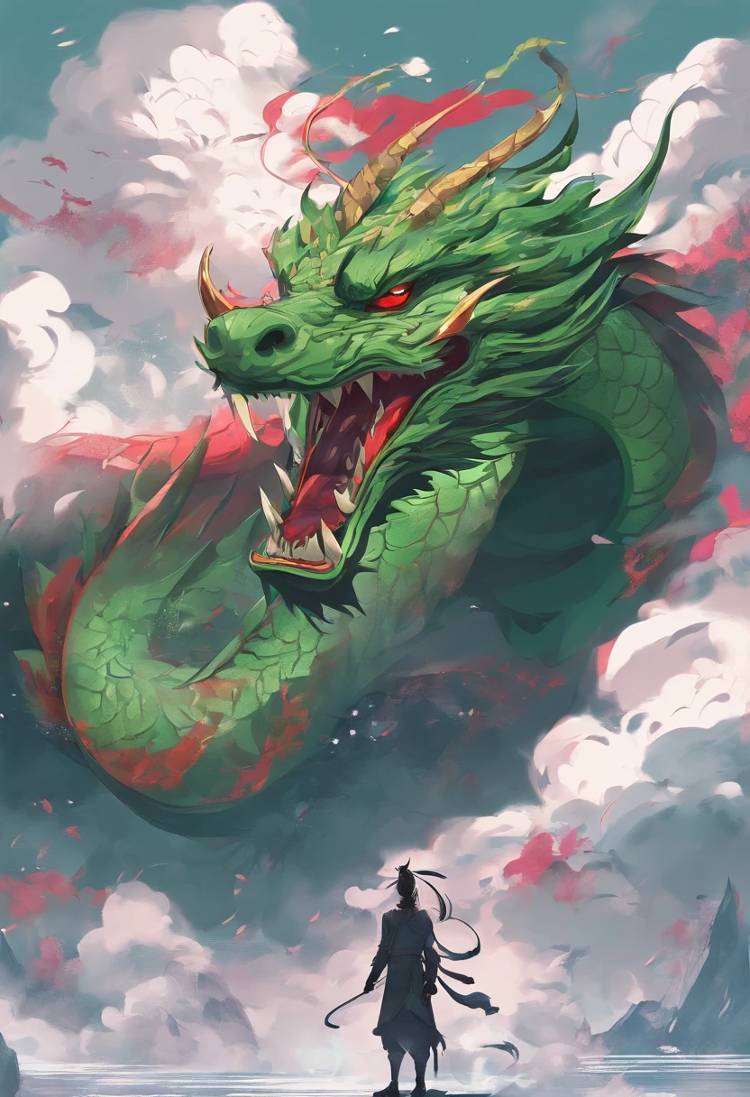 China-style,Chinese mythology,Chinese Green Dragon,tosen,Ferocious,gargantuan,The eyes glow red,Glow effects,surrounded by cloud,Thick clouds,buliding,中景 the scene is,Full body like, highly detailed surreal vfx,oc rendered,