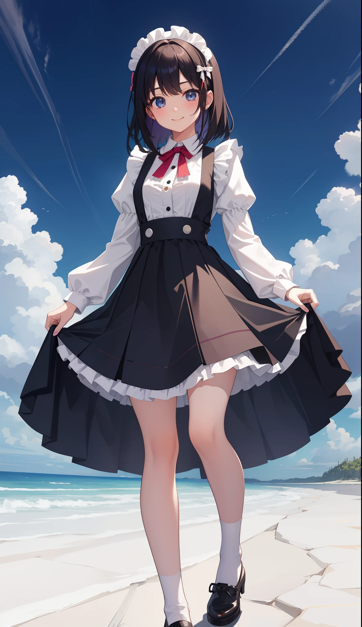 1girl in、AS-Adult、A smile、The shirt、Ultra mini skirt、pantiy、(small tits)、doress、pinafore、Hair decoration、(Maid costume)、Walking with a thigh、Upper body portrait、
