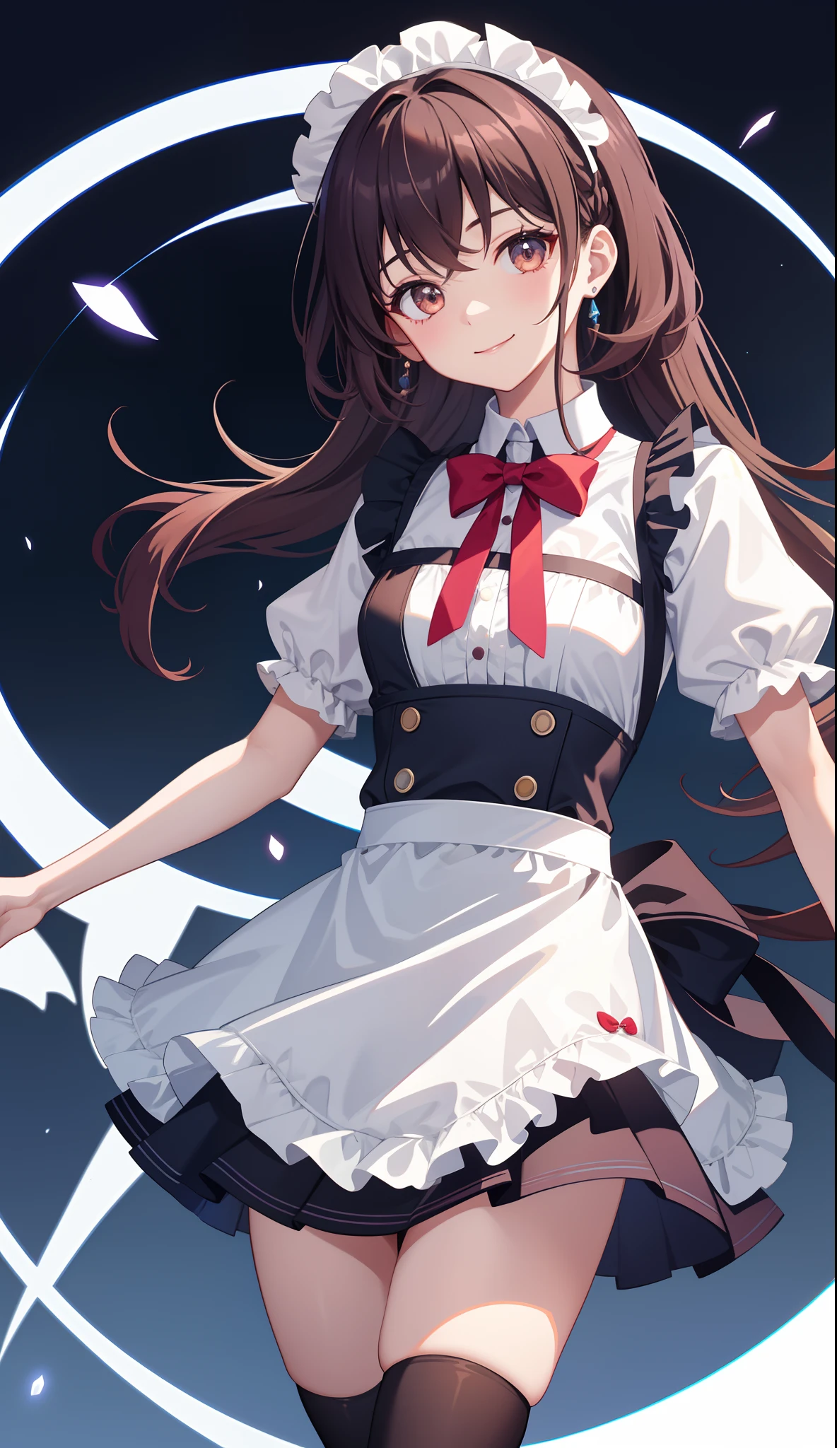 1girl in、AS-Adult、A smile、The shirt、Ultra mini skirt、pantiy、（small tits）、doress、pinafore、Hair decoration、（Maid costume）、Walking with a thigh、Upper body portrait、