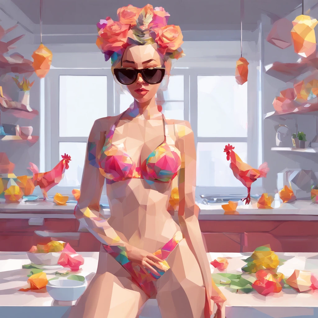 Sexy underwear、Only the head is a hen human woman、colourfull、Perfect alignment, body builder、Chickens only the head,Crystal Vase,Rose flower, Wearing sunglasses, cheerfulness, Standing position, Abstract beauty, Centered, Looking at the camera, Facing the camera, Approaching perfection, Dynamic, Highly detailed, Smooth, Sharp Focus, 8K, hight resolution, Illustration, art by carne griffiths and wadim kashin, White background、Kitchen car