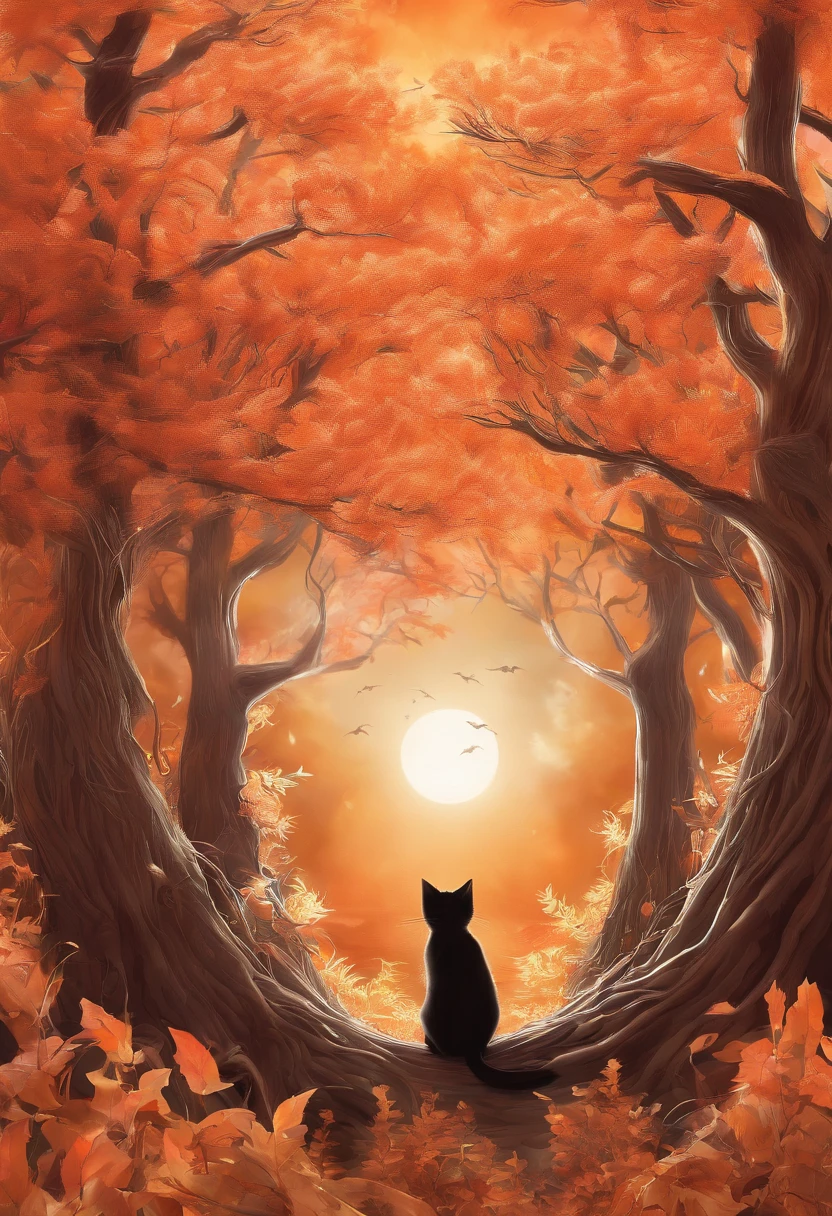 Q version of the cat，Cute and cute，The tree，themoon，The light is depicted in detail，orange tint，oc rendered，high qulity，tmasterpiece，Hyper-realistic，Ultra photo realsisim，8K，super-fine，ultra - detailed，Ultra-wide angle of view，dynamic viewing angle