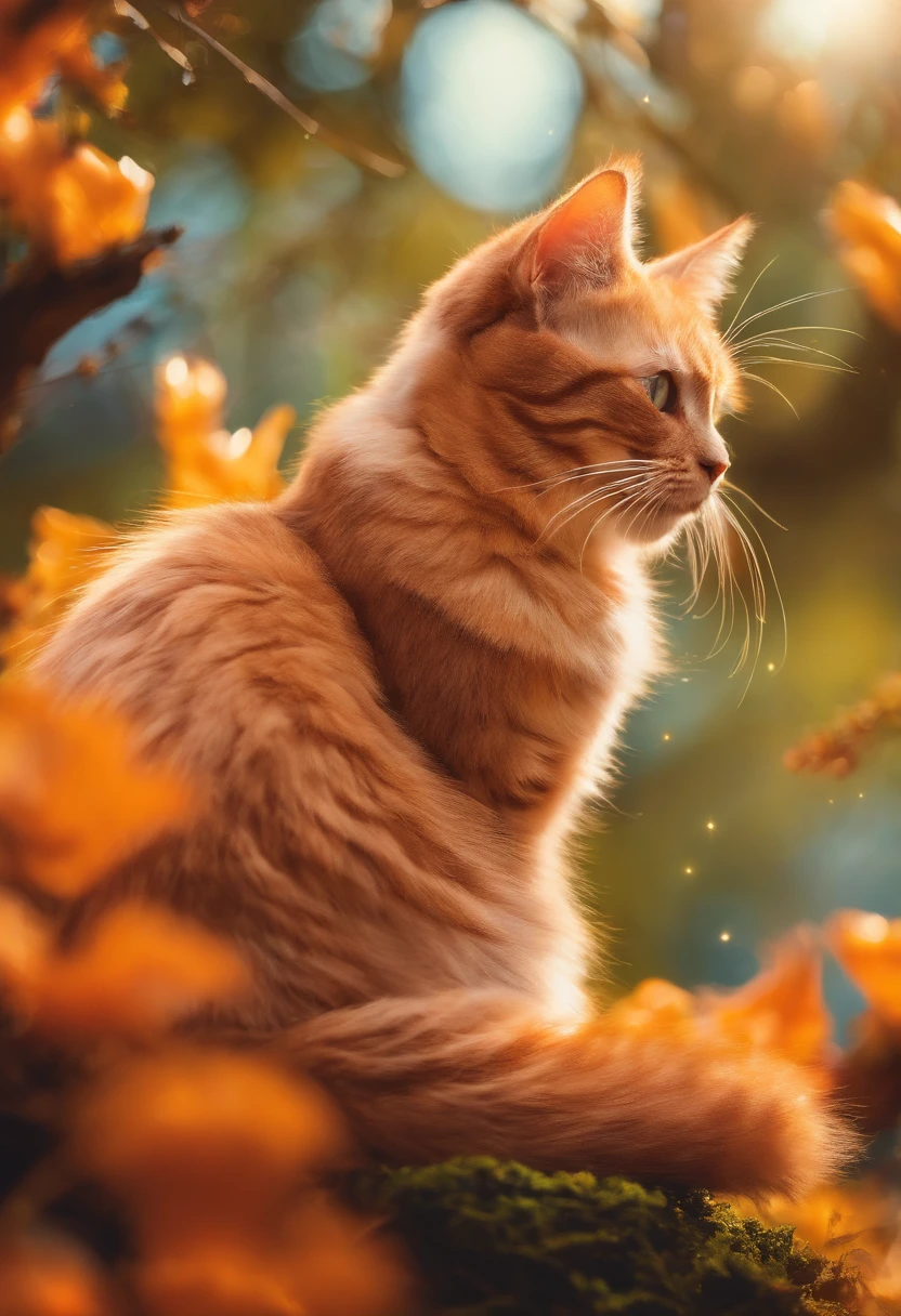 Q version of the cat,Cute and cute,The tree,themoon,The light is depicted in detail,orange tint,oc rendered,high qulity,tmasterpiece,Hyper-realistic,Ultra photo realsisim,8K,super-fine,ultra - detailed,Ultra-wide angle of view,dynamic viewing angle