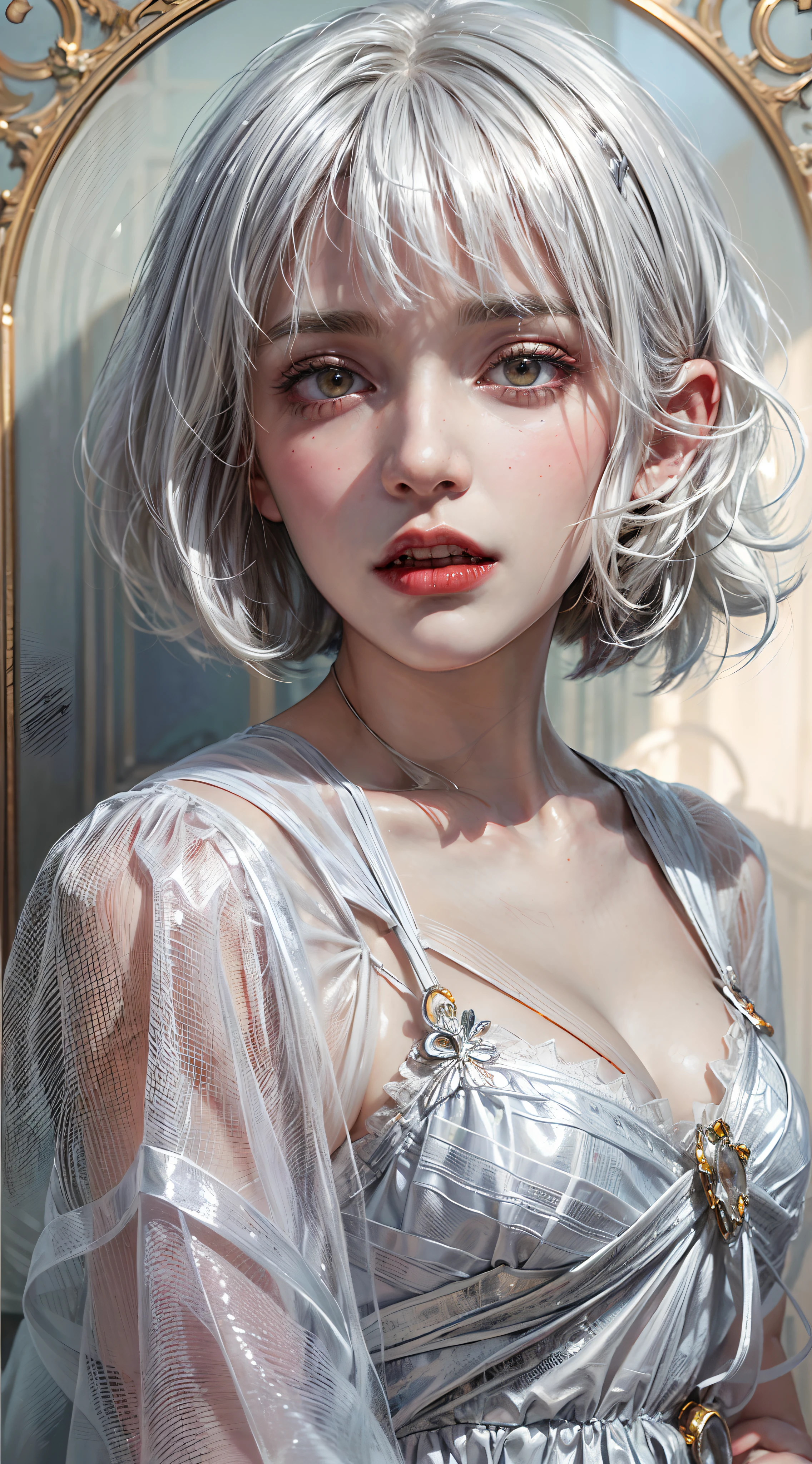 Hyperrealist portrait of female by david hockney and alphonse mucha, fantasy art, photo realistic, dynamic lighting, artstation, poster, volumetric lighting, very detailed faces, 4 k, award winning, 1girl, in the dark, deep shadow, low key, cowboy shot, ((vampire girl)), ((gothic white dress, bob cut hair, white hair)).