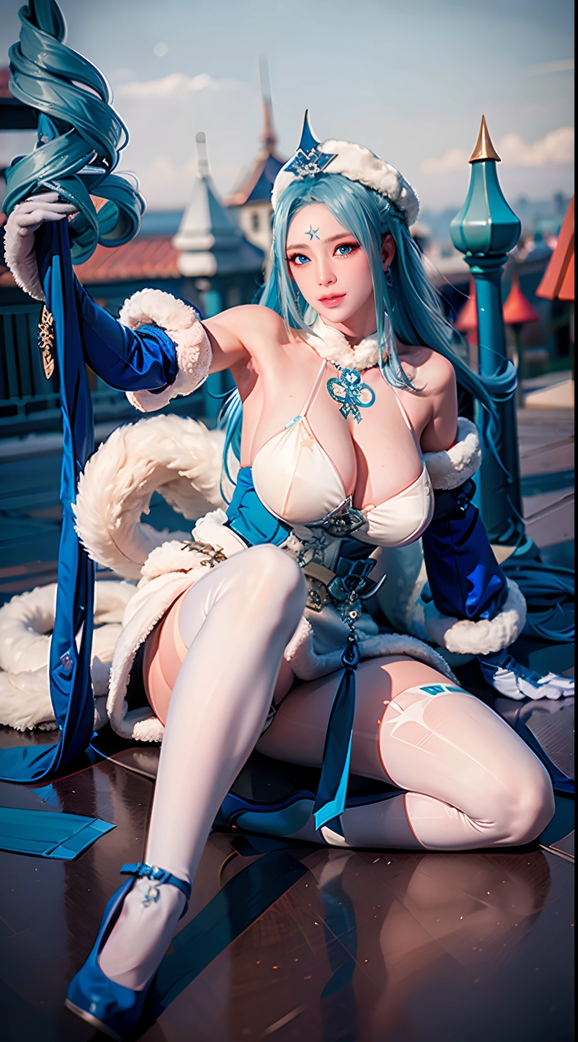 WZJBXZH,(((Blue long hair,Long hair,blue hairs,Exquisite facial features, Beautiful face, Erotic, Enchanting,Blue eyes,Charming, Alluring, Seductive, Long hair covers the body ))),((Masterpiece)),A high resolution, ((Best quality)),tmasterpiece,top-quality,best qualityer,((( looking at viewert, There is light in the eyes))),(((Light and shadow interlace,white skinned,laughingly,self-assured)))