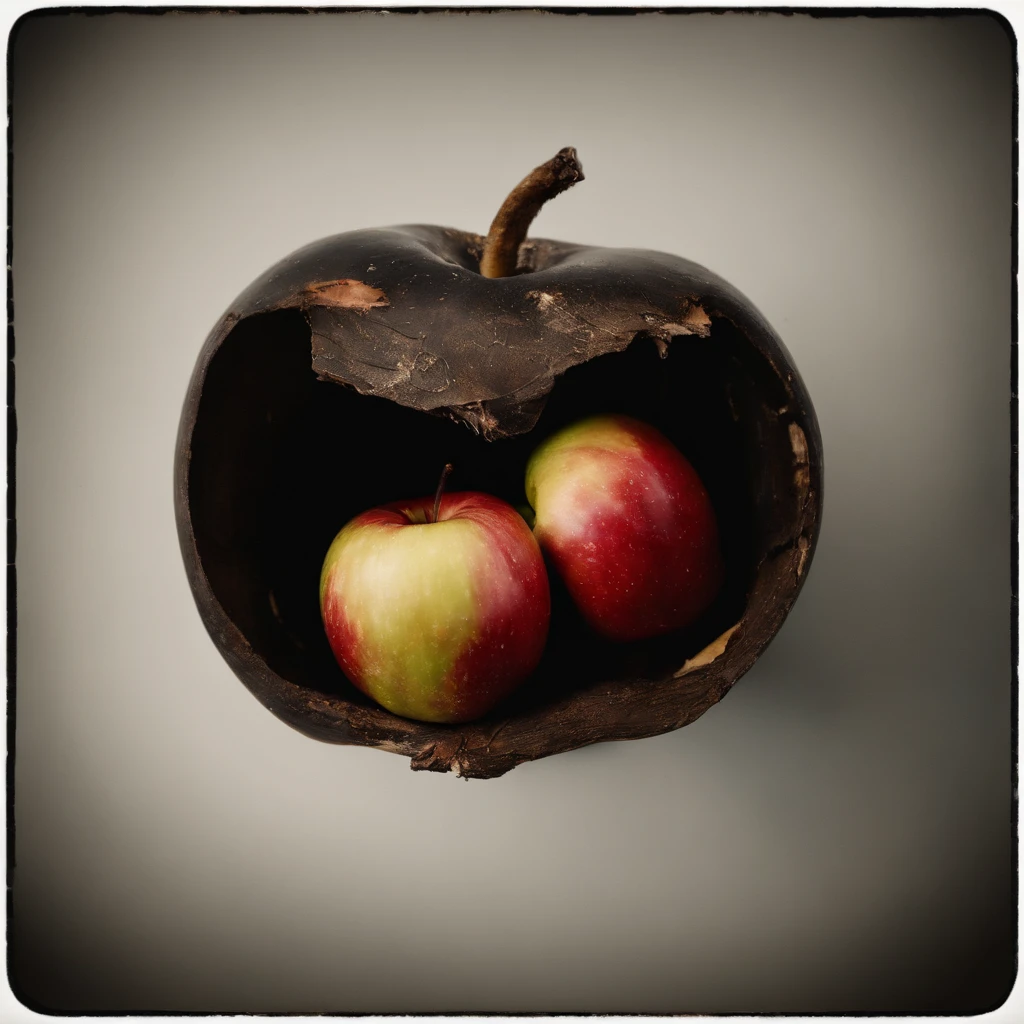 A whole apple (half an apple: 1.2) gradually (Splits: 1.3), Half an apple, eaten by mold, Mold infestation, decay, Two objects of the same shape, The apple rots at one end, 35mm lens, mysterious, Mystical, symbolic, Intricate, Detailed.