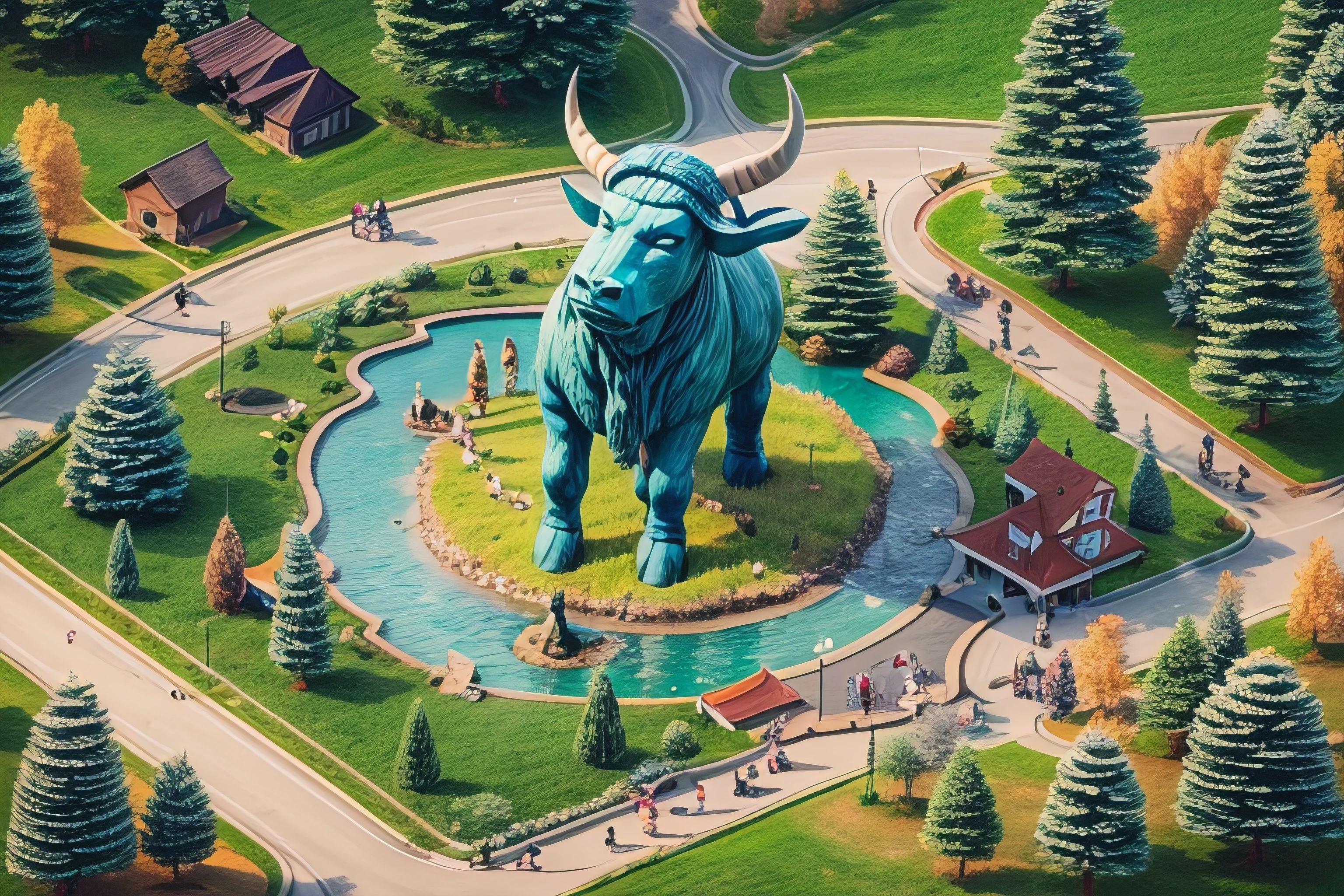 photo of colossal statue of Paul Bunyan and his blue ox pet, smiling, isometric view, public park, trees, water, sunny, detailed, high quality, high resolution, 8k, high saturation