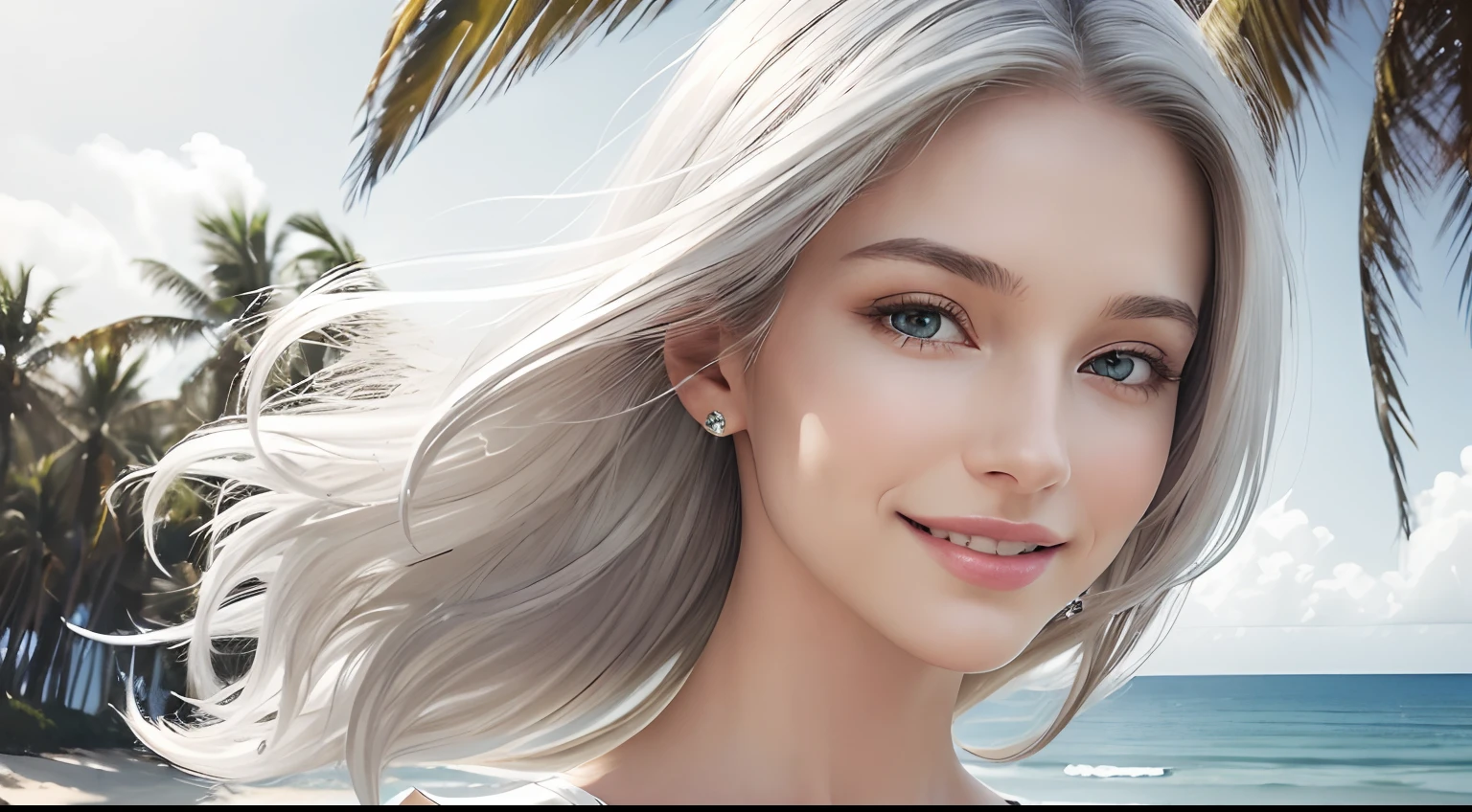 (Masterpiece, Best Quality, Photorealistic, high resolucion, photography, :1.3), (Woman in her 40s, )Close-up shots of faces, Close-up shots of faces, Close-up shots of faces, Sharp focus, (1 Girl, A European girl, Popular models), Realistic skin, Slender body type, Big breasts, (Her long, Pure white silver hair swept to the side, extremely detailed hair), Delicate sexy face, Organoleptic gases, Sparkling lips,(green pupil),(green pupil),(green pupil), ((realisitic, A hyper-realistic, realism, realistic detailed)), (Medium Tits:1.5), (White tank top T-shirt and ripped jean shorts), (A slender waist), (slim thigh), (Small hips), (Sorrisos), (seaside, waves, palm tree) (seaside, waves, palm tree), (Long straight hair), A woman is standing, (Sorrisos), (Sorrisos)