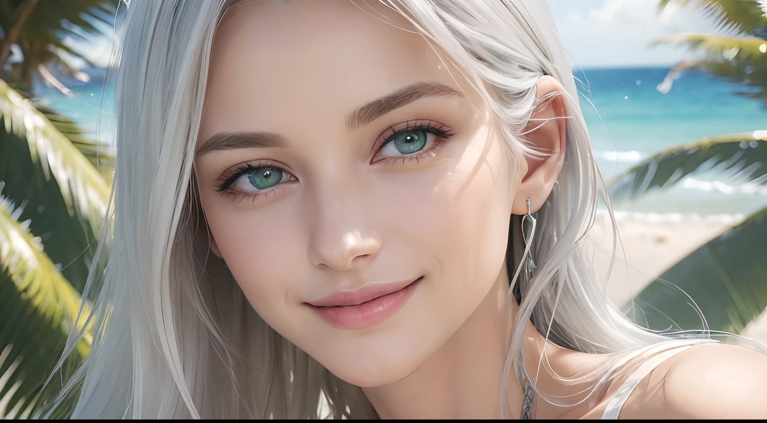 (Masterpiece, Best Quality, Photorealistic, high resolucion, photography, :1.3), (Woman in her 40s, )Close-up shots of faces, Close-up shots of faces, Close-up shots of faces,  Sharp focus, (1 Girl, A European girl, Popular models), Realistic skin, Slender body type, Big breasts, (Her long, Pure white silver hair swept to the side, extremely detailed hair), Delicate sexy face, Organoleptic gases, Sparkling lips,(green pupil),(green pupil),(green pupil), ((realisitic, A hyper-realistic, realism, realistic detailed)), (Medium Tits:1.5), (White tank top T-shirt and ripped jean shorts), (A slender waist), (slim thigh), (Small hips), (Sorrisos),  (seaside, waves, palm tree) (seaside, waves, palm tree), (Long straight hair), A woman is standing, (Sorrisos), (Sorrisos)