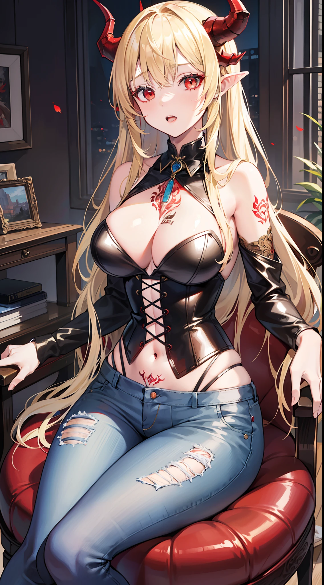 adult girl, longue blonde hair, red eyes, Red Dragon Horns, tattoo, red tight corset, open breasts, Deep wide neckline, open shoulders, Visible navel, Jeans, sitting in chair, Masterpiece, hiquality, 4k, HD, Good detail