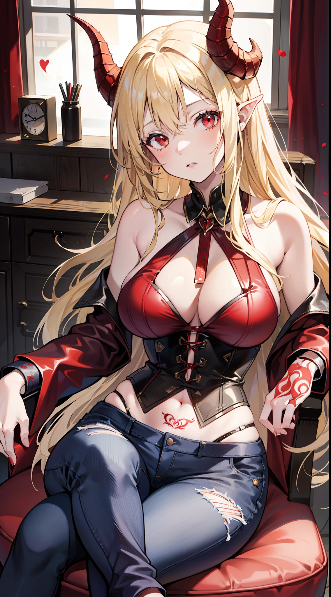 adult girl, longue blonde hair, red eyes, Red Dragon Horns, tattoo, red tight corset, open breasts, Deep wide neckline, open shoulders, Visible navel, Jeans, sitting in chair, Masterpiece, hiquality, 4k, HD, Good detail