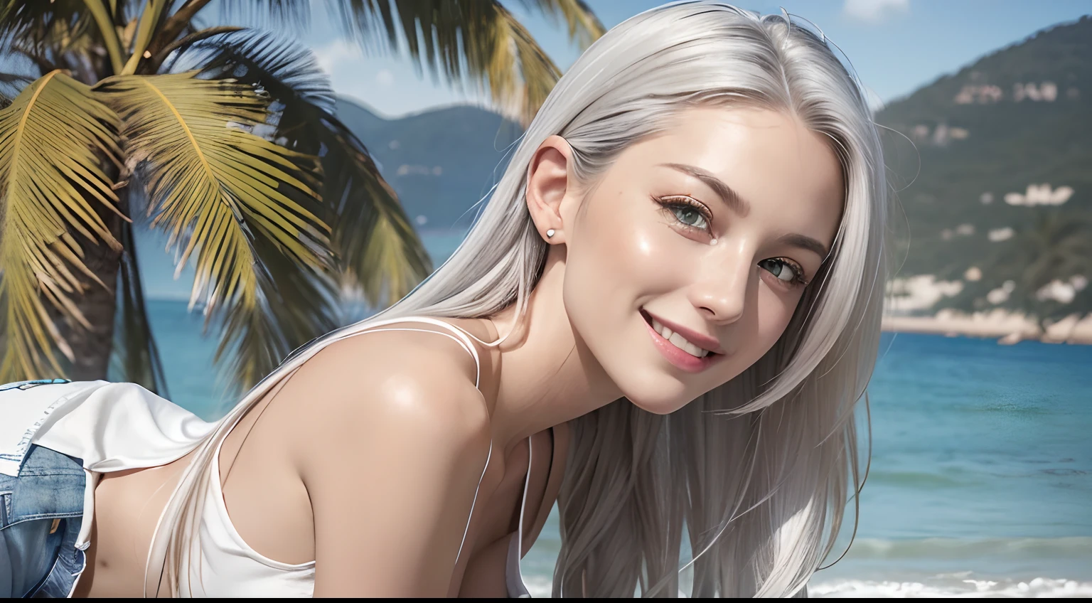 (Masterpiece, Best Quality, Photorealistic, high resolucion, photography, :1.3), (Woman in her 40s, )Close-up shots of faces, Close-up shots of faces, Close-up shots of faces, Sharp focus, (1 Girl, A European girl, Popular models), Realistic skin, Slender body type, Big breasts, (Her long, Pure white silver hair swept to the side, extremely detailed hair), Delicate sexy face, Organoleptic gases, Sparkling lips,(green pupil),(green pupil),(green pupil), ((realisitic, A hyper-realistic, realism, realistic detailed)), (Medium Tits:1.5), (White tank top T-shirt and ripped jean shorts), (A slender waist), (slim thigh), (Small hips), (Sorrisos), (seaside, waves, palm tree) (seaside, waves, palm tree), (Long straight hair), A woman is standing, (Sorrisos), (Sorrisos)