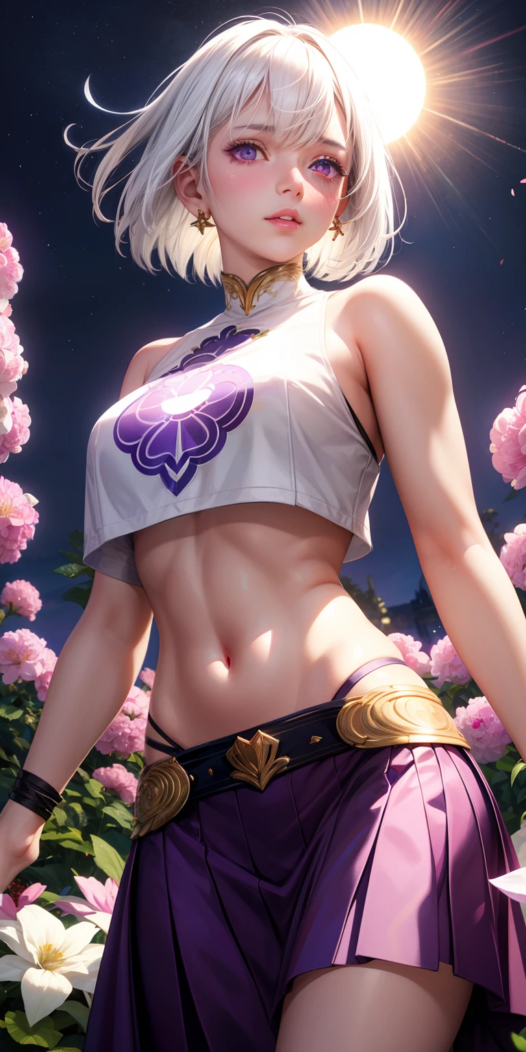 realistic, 1girl, white hair, purple eyes, glowing eyes, crop top, skirt, parted lips, blush, night, flowers, sun, sunlight,