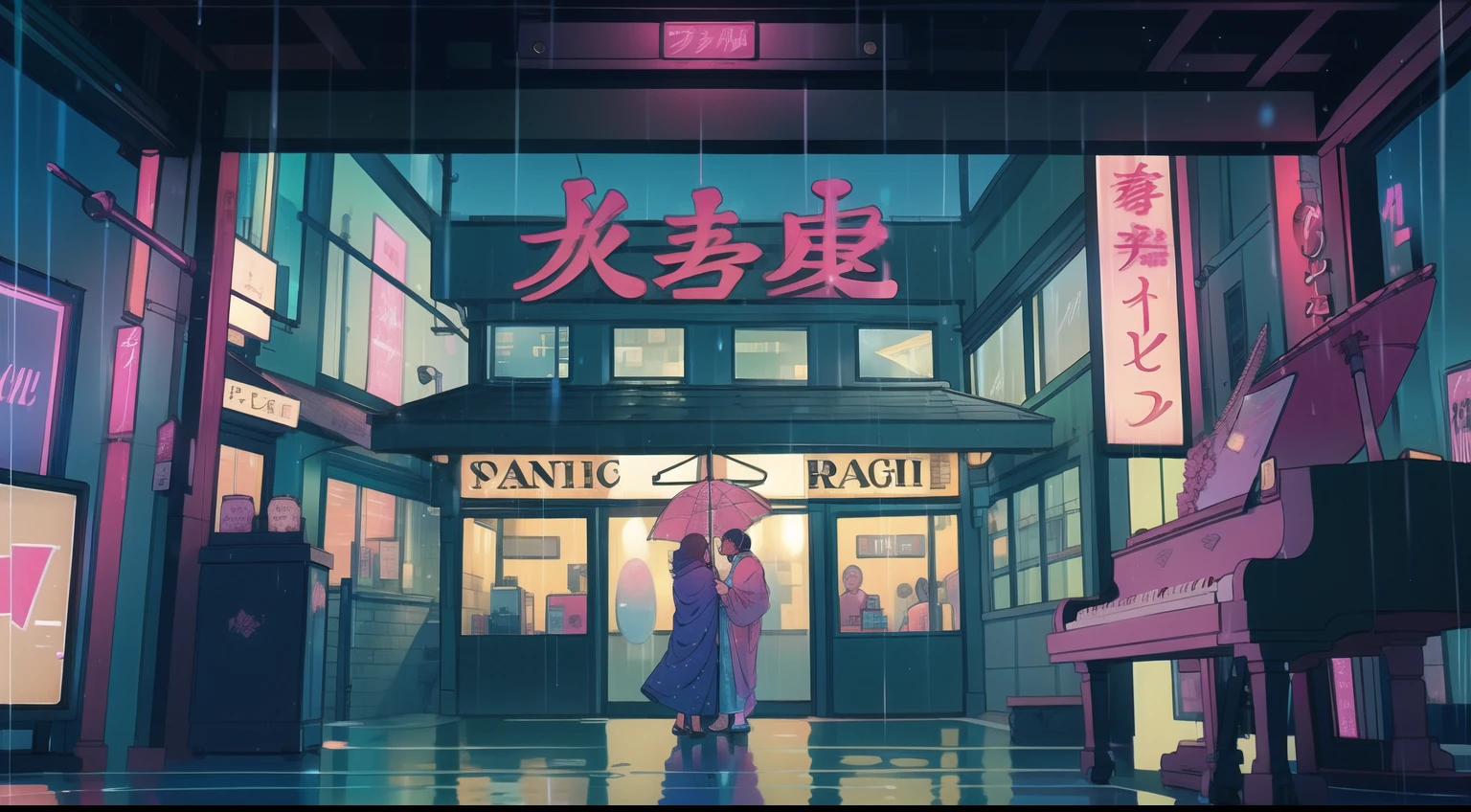 Rain-soaked street, Colorful umbrellas dot the cityscape with blue and pink splashes. Neon sign in retro style、Reflection of wet pavement, Establishment of the Lower Urban Symphony. Soft piano melodies set the mood, Evokes a calm and meditative atmosphere. a person々Flock to a cozy café, While the rain is dancing outside、Drink hot drinks, Turn the city into a serene lofi