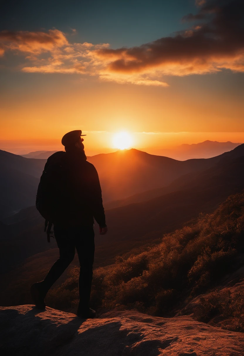 Silhouette the man of mountain on the sun