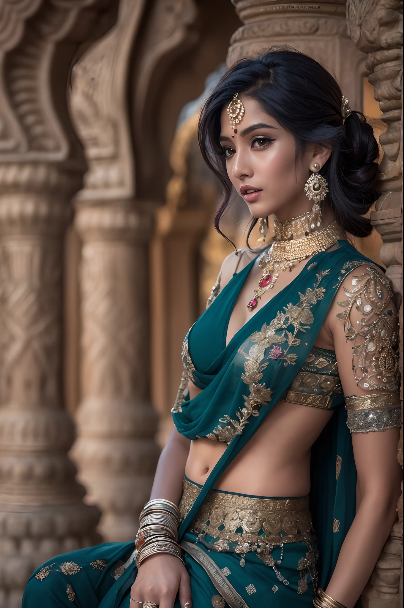 a woman in a sari posing for a picture, indian goddess, traditional beauty, indian, beautiful goddess, ornate cosplay, indian style, indian super model, beautiful maiden, gorgeous woman, south east asian with long, provocative indian, gorgeous beautiful woman, intricate outfit, hindu aesthetic, beautiful asian girl, extremely detailed goddess shot, jaw-dropping beauty, big boobs deep cleavage sexy navel