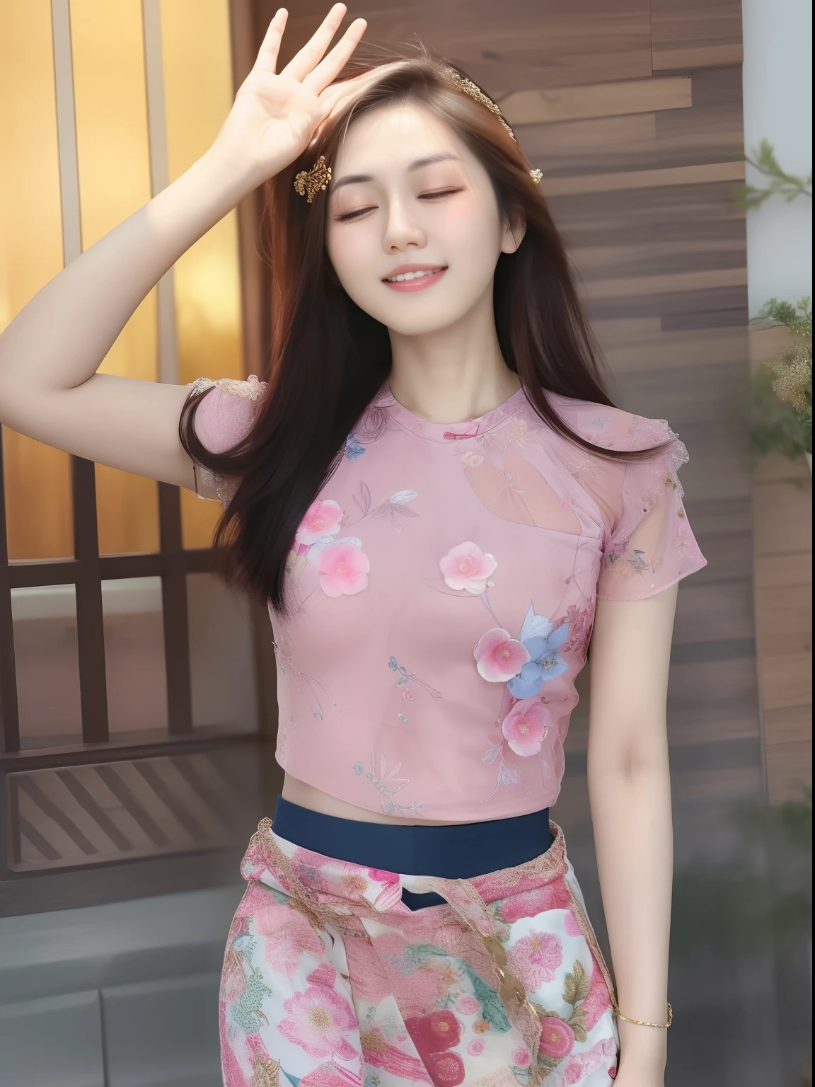 a close up of a woman with her eyes closed and her hand on her head, dilraba dilmurat, mai anh tran, xintong chen, nivanh chanthara, cute young woman, with cute - fine - face, wearing crop top, lovely smile, cindy avelino, slight cute smile, a cute young woman, beautiful young korean woman